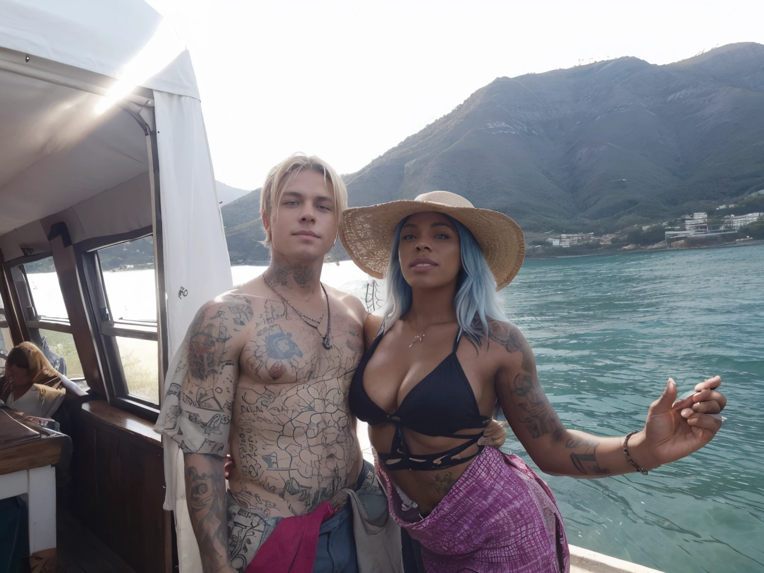 Pareja de chica negra y con sombrero falda larga,vikini y tatuajes en el pecho ,blonde white boy with blue eyes in brown shirt.