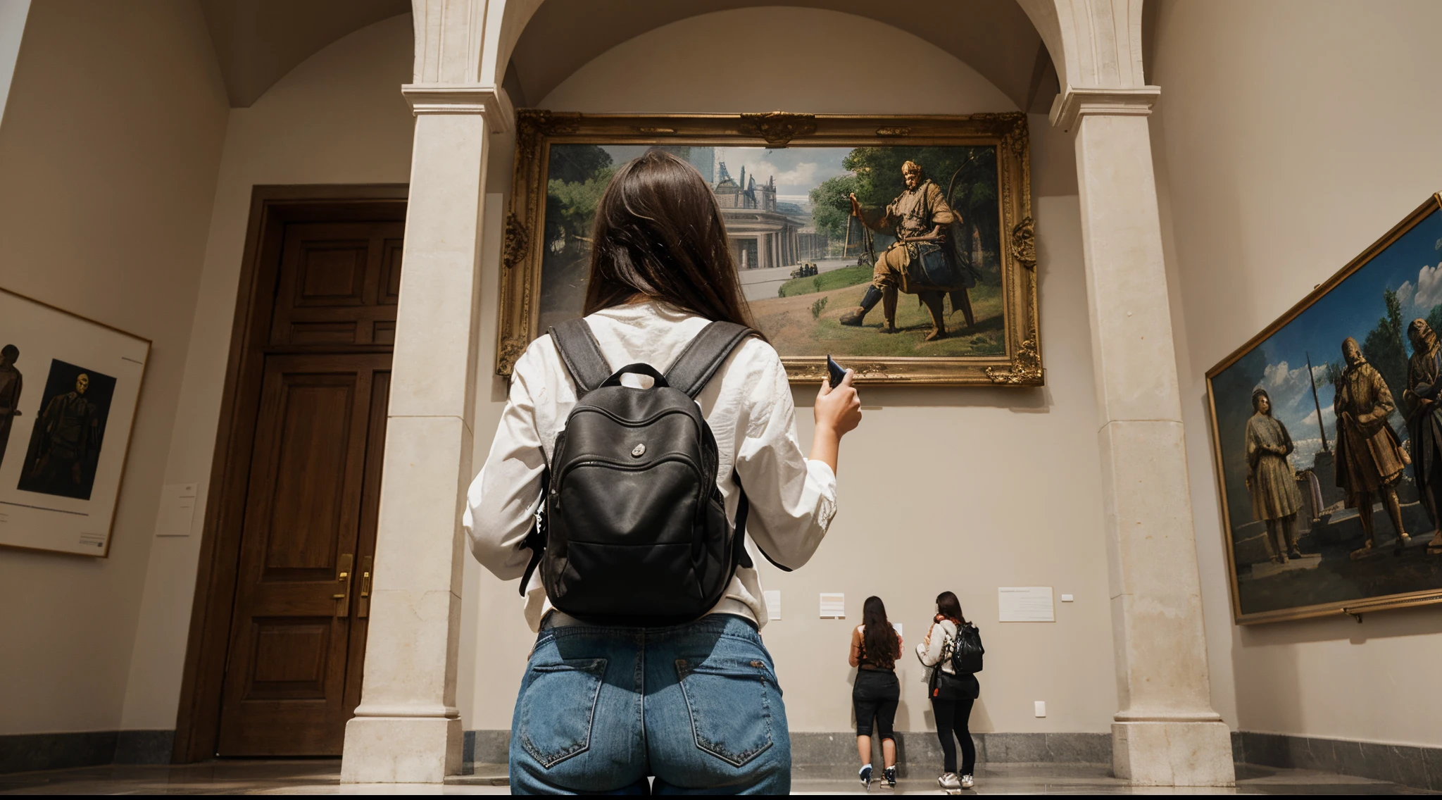 real woman looking at the museum, from behind, with backpack, pointing at the statue