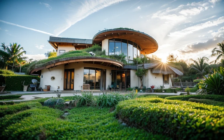 A photograph of a symmetrical contemporary house with (((green roof))) and (((biological pool))) in a tropical backyard, white plaster walls (((rustic clay stucco))), ((corner walls rounded)), ((rustic clay plaster)), (((white walls with rounded corners, organic curves))), (((rustic earth plaster, mud))), (((wave-shaped green roof with wooden edge))), (((wooden roof structure, wooden rake, wooden fascia board))), eaves, porch with wooden pillar, ((roof with wooden structure)), In Bali (((Tropical garden))) , ((natural houses, organic buildings, organic architecture)), Ecovillage, sustainable architecture, Bioconstruction, solarpunk architecture, (((grass roof, green roof, green wave roof, rounded roof, vegetated roofs))), ( (green architecture)), Passive house, (((Rock Foundation))), Clear sky in the background, painful beauty, modern, imposing, green house, ((Bali Hadid Style)), super resolution, cinematic, color grading , editorial photography, photography, photo shoot, (((dramatic front eye top angle view))), O 50mm, depth of field, intricate details, natural colors, sharp focus, warm light, shutter speed 1/1000 , F/22 , White Balance, Ray Trace Reflections, Lumen Reflections, Screen Space Reflections, Diffraction Rating, Chromatic Aberration, GB Shift, Partial Lighting, Backlighting, Daylighting, Scan Lines, ambient occlusion, antialiasing, shaders, OpenGL-Shaders, GLSL-Shaders, Post-processing, post-production, shading, tone mapping, incredibly detailed and complex, hypermaximalist, elegant, hyperrealistic, super detailed, dynamic pose, Fujifilm XT3