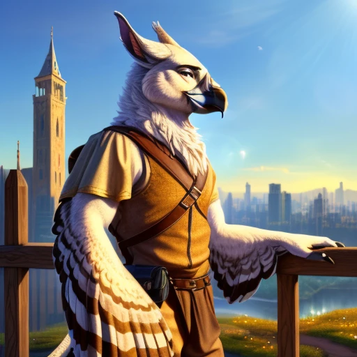 an anthro gryphon standing near a flagpole during the day, ((nj5furry, solo, looking around, standing, masterpiece, anthro, male, avian, gryphon-face, short talons, black claws, clawed hands, slender body, three-tone feathers, white and brown and gold feathers, detailed feathers, feathered body, (feathered arms, large feathered wings), short tail feathers, small leather satchel)), calm expression, (gold eyes, (loose medieval-style drawstring pants: 1.4, loose medieval-style shirt: 1.4,)), forest background, ((sky background, large city background)), best quality,4k,8k,highres,masterpiece:1.2), ultra-detailed,(realistic,photorealistic:1.37),drawn with colored pencils, richly detailed, traditional style landscapes, scenic beauty, fine textures, soft and vibrant colors, sunlit atmosphere, tranquil and peaceful ambiance, impressionistic brush strokes, focus on foreground and background, depth and perspective, ethereal lighting effects, (full body camera angle, side camera angle)