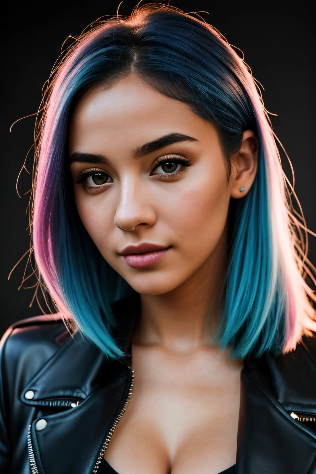 photo of (emikin:0.99), woman as a sexy TikTok influencer, cobalt hair, blue hair , teal hair , twintails, piggy tails, indoors , modelstyle photoshoot, full body pose , light pink wall background , wearing leather jacket, leather jacket , boob tube , cleavage, (extremely detailed CG unity 8k wallpaper), photo of the most beautiful artwork in the world, professional majestic (photography by Steve McCurry), 8k uhd, dslr, film grain, Fujifilm XT3 sharp focus, f 5.6, High Detail, Sharp focus, dramatic, (looking at viewer:1.2), (detailed pupils:1.3), (natural light), (seductive) , (masterpiece:1.3), (8k, photorealistic, RAW photo, best quality: 1.4), (1girl), beautiful face, (realistic face), beautiful hairstyle, realistic eyes, beautiful detailed eyes, (realistic skin), beautiful skin, (black sweater), absurdres, attractive, ultra high res, ultra realistic, highly detailed, golden ratio