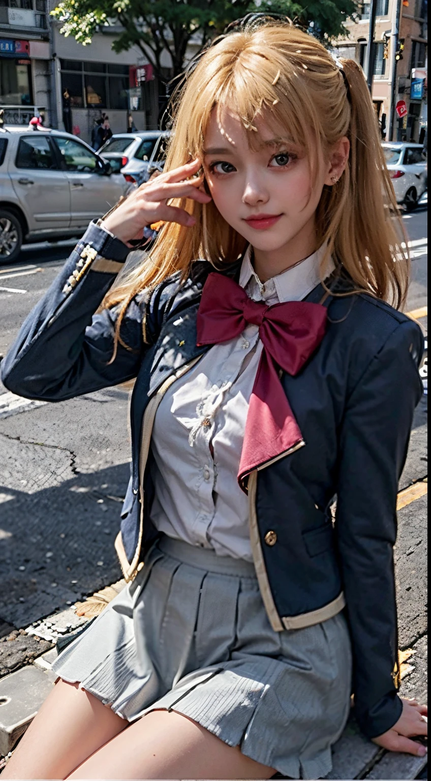 (masutepiece: 1.3), Best Quality, Ultra High Resolution, 1girll, (Colossal tits:1.1), (Yellow hair, Blonde hair, Hair Ornament, sparking eyes, star on eye, (star on right eye:1), ((Girl Ruby Hoshino)) perfect eyes, Have a very sexy body, full chest and narrow waist, And a very sexy body, Black vest, sox, Brown Footwear, Bow, School uniform, shoes, Jacket, White socks, a bow tie, Casual Shoes, pink bows, Gray skirt, Blue jacket, Open jacket, Shirt, White skirt , White shirt, Long sleeves, , Has a bold look. 年轻, quality, ultra high detail, Realistic, cute expression, Shy smile, Calm, Street, The city, (Sit down)