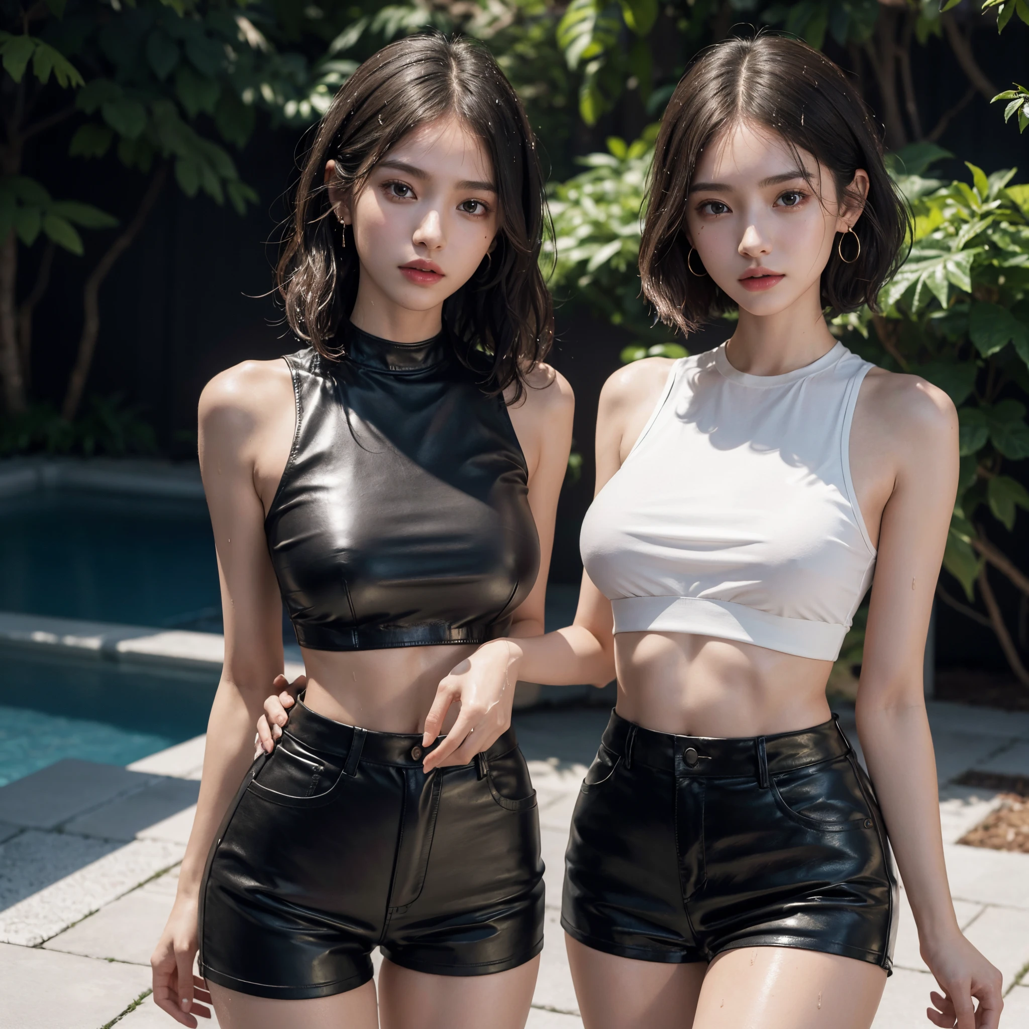 absurdres, RAW photo, extremely delicate and beautiful, masterpiece, Best Quality, ultra high resolution, 16k, hyperrealistic, ultra-detailed, perfect anatomy, super Detailed skin, perfect figure, Very detailed CG 8k wallpaper, in her 20s, very Slim body, narrow waist, very small head, very small face, delicate facial features, tearful mole, earring, thin legs, (very huge round breasts), (((2 girls))), short hair, (wavy hair), (wet clothes), long boots, (leather shorts), crop top shirt,