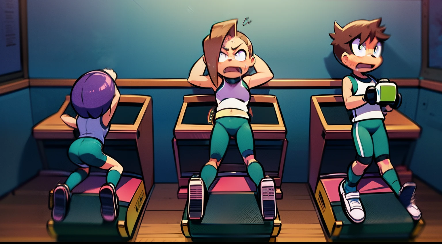 a grove of stationary exercise bikes in a gym with a row of treads, local gym, background a gym, gym, dingy gym, dim dingy gym, fitness, sweating, hedonic treadmill, intense, alana fletcher, stretch, in a gym, sweat, recreation, full colour, professional, matrix, engineered, workout, by Samuel Scott