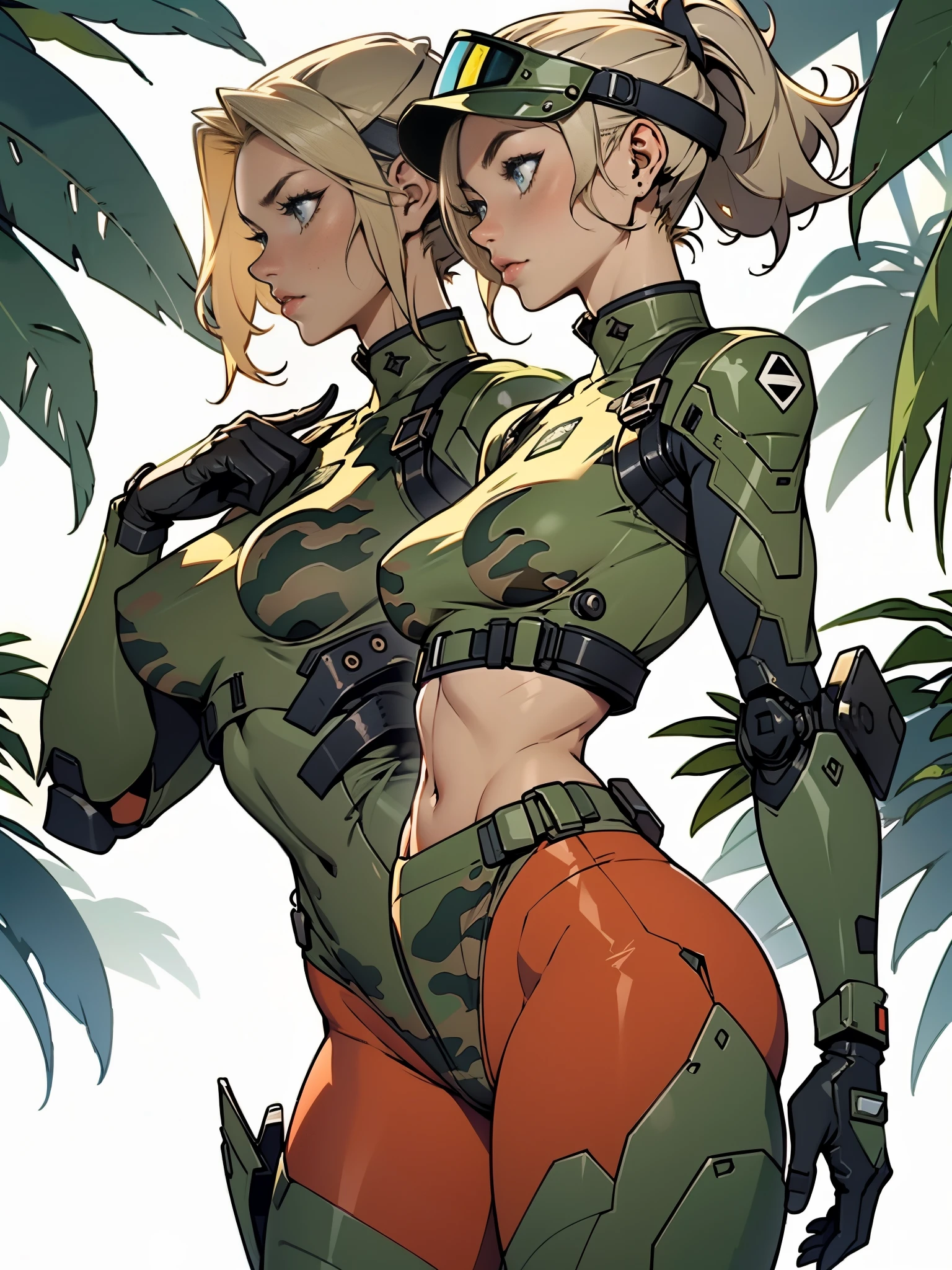 1woman 20 years old, max resolution, sculpted, military, wearing an army helmet, beautiful, perfect body, blonde hair, blue eyes, perfect body, thin waist, wide hips, large breasts, slim thighs, jungle background, armored vehicle, military robot dog, camouflaged uniform, tight panties, two-piece, highly detailed, high resolution, perfect hands, side view, camo, bare shoulders