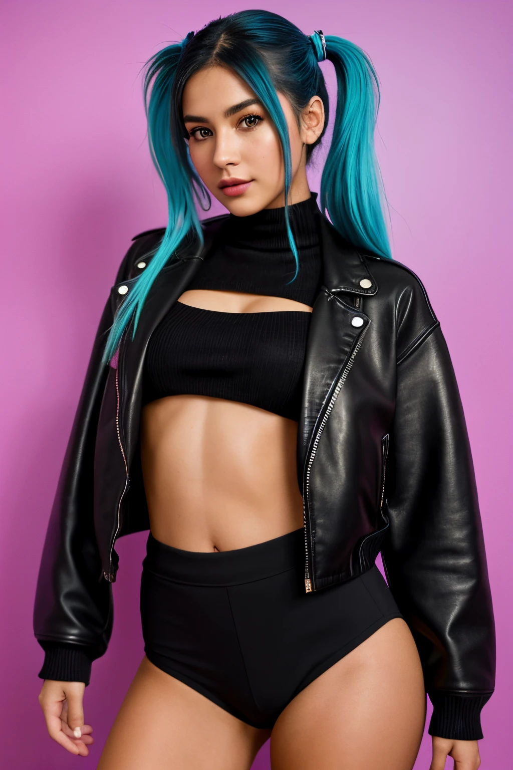 photo of (emikin:0.99), woman as a sexy TikTok influencer, cobalt hair, blue hair , teal hair , twintails, piggy tails, indoors , modelstyle photoshoot, full body pose , light pink wall background , wearing leather jacket, leather jacket , boob tube , cleavage, (extremely detailed CG unity 8k wallpaper), photo of the most beautiful artwork in the world, professional majestic (photography by Steve McCurry), 8k uhd, dslr, film grain, Fujifilm XT3 sharp focus, f 5.6, High Detail, Sharp focus, dramatic, (looking at viewer:1.2), (detailed pupils:1.3), (natural light), (seductive) , (masterpiece:1.3), (8k, photorealistic, RAW photo, best quality: 1.4), (1girl), beautiful face, (realistic face), beautiful hairstyle, realistic eyes, beautiful detailed eyes, (realistic skin), beautiful skin, (black sweater), absurdres, attractive, ultra high res, ultra realistic, highly detailed, golden ratio