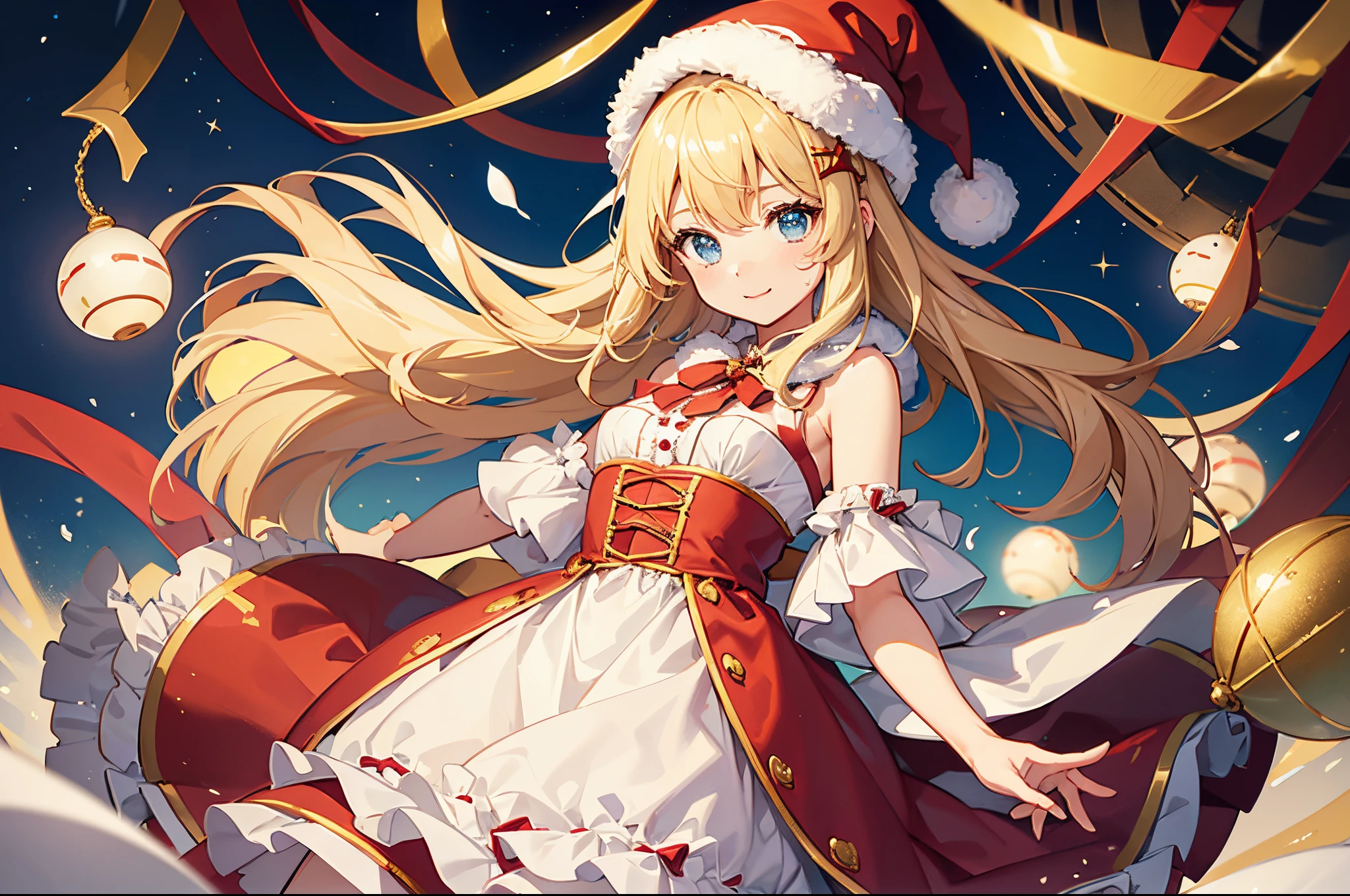 「Wearing a Christmas hat and dress、Draw a charming scene of a cute girl holding a present with anticipation.。Capture the innocence and joy in her eyes as she stares straight at the viewer, ready to give her gift。to the artist、Bringing the warmth and magic of the moment to life、Inspires you to create visually captivating images that embody the joy and generosity of the holiday season。 1 girl in、flawless、Haka、4K、