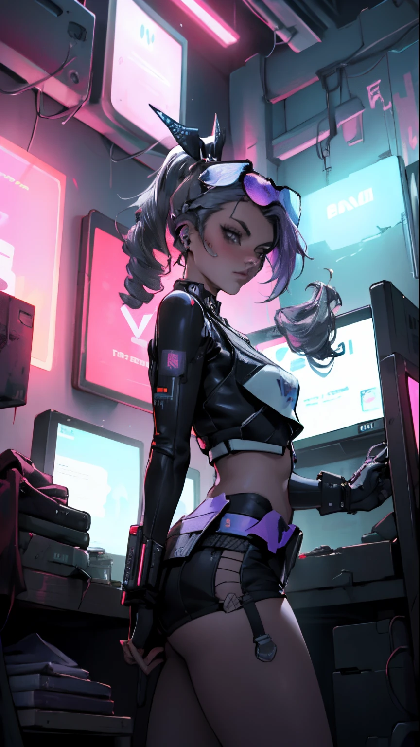 ((Best quality)), ((masterpiece)), (highly detailed:1.3), 3D, beautiful (cyberpunk:1.3) hacker woman with thick voluminous hair operating a computer terminal