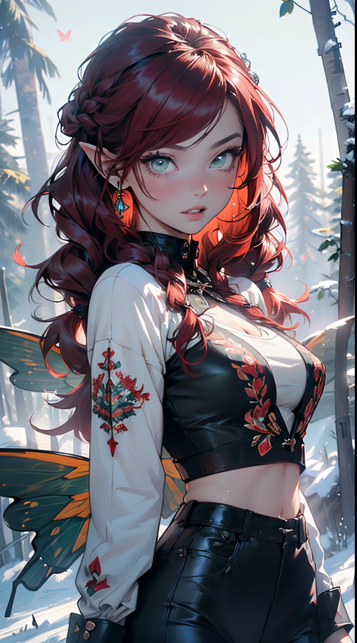 cute oppai elf,steampunk elf,(((little ****,oppai body,little, chibi))),(((***********))),((anime elf **** with extremely cute and beautiful red hair)), (((elf))), (((elf ears))),

(((Giant Breasted Girl))),((((long auburn hair in braids:1.35,absurdly long red hair,red braids,colored inner hair,ear breathing)))),((green_eyes:1.3))),intricate eyes,beautiful detailed eyes,symmetrical eyes,big eyes:1.5,(((lustrous skin:1.5,bright skin: 1.5,skin tanned,shiny skin,very shiny skin,shiny body,plastic glitter skin,exaggerated shiny skin,illuminated skin))),(detailed body, (detailed face)),

cute,slutty,erotic,daring,(nsfw),

((cyberpunk butterfly wings:1.2)),revealing clothing,show skin,(white crop top:1.2), black and blue leather, tattoo,(steampunk outfit,steampunk clothes),(((intricate outfit,intricate clothes,embroidered outfit,ornate outfit,embroidered clothes,ornate clothes))),

(dynamic pose:1.0),embarrassed,(centered,scale to fit dimensions,Rule of thirds),

((snowy pine forest at night)),with dark stormy clouds,winter,scenery:1.25,((snow forest background)),Christmas tree,

(Glossy winter ornaments),highres,sharp focus,(ultra detailed,extremely detailed),(photorealistic artwork:1.37),(extremely detailed CG unity 8k wallpaper),(((vibrant colors,vibrant theme))),(intricate),(masterpiece),(best quality),