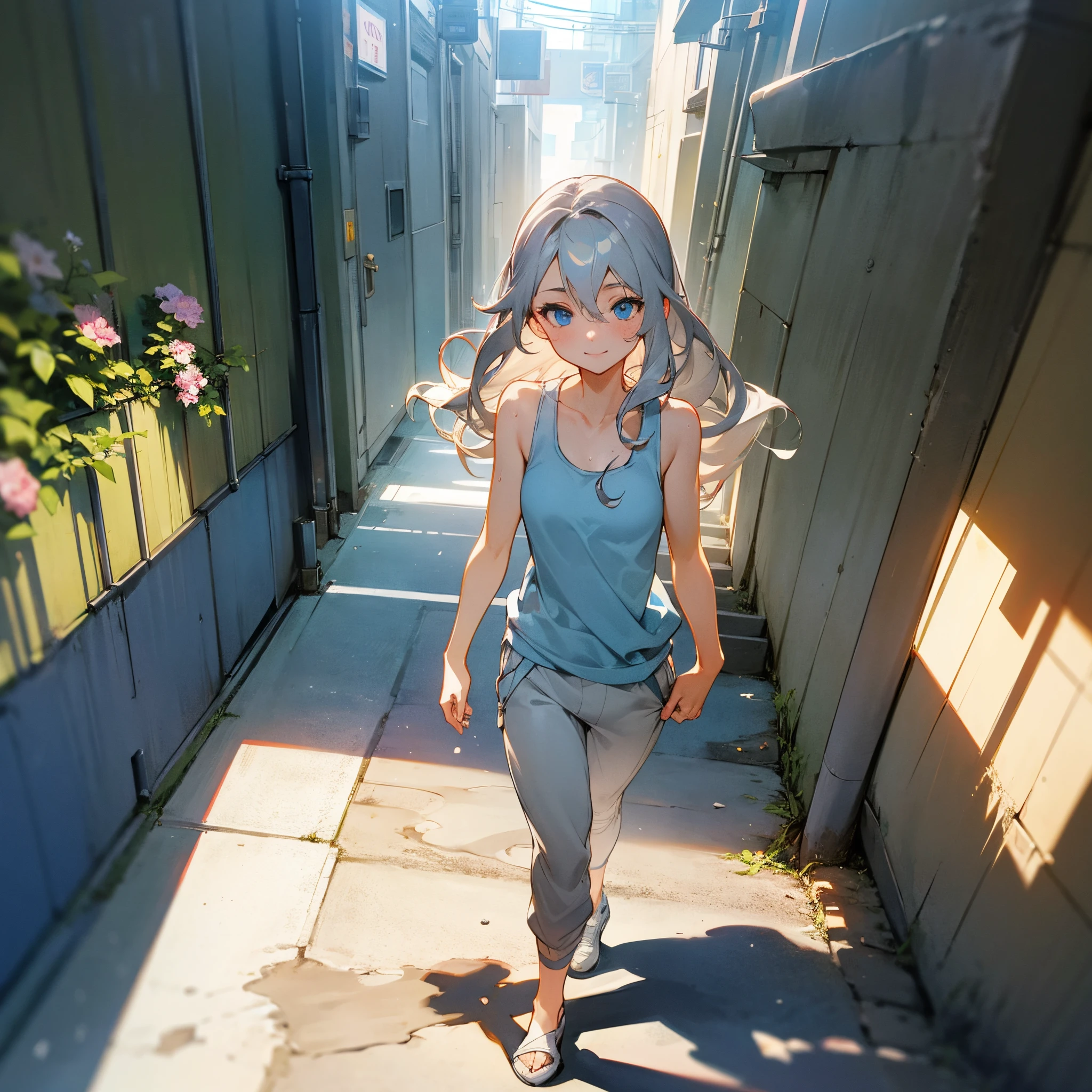 1female, young adult, long grey wavy hair, finely detailed blue eyes, tank top, sweat pants, standing on path, walking down alley, light smile, flowers, best lighting and shadows, tokyo