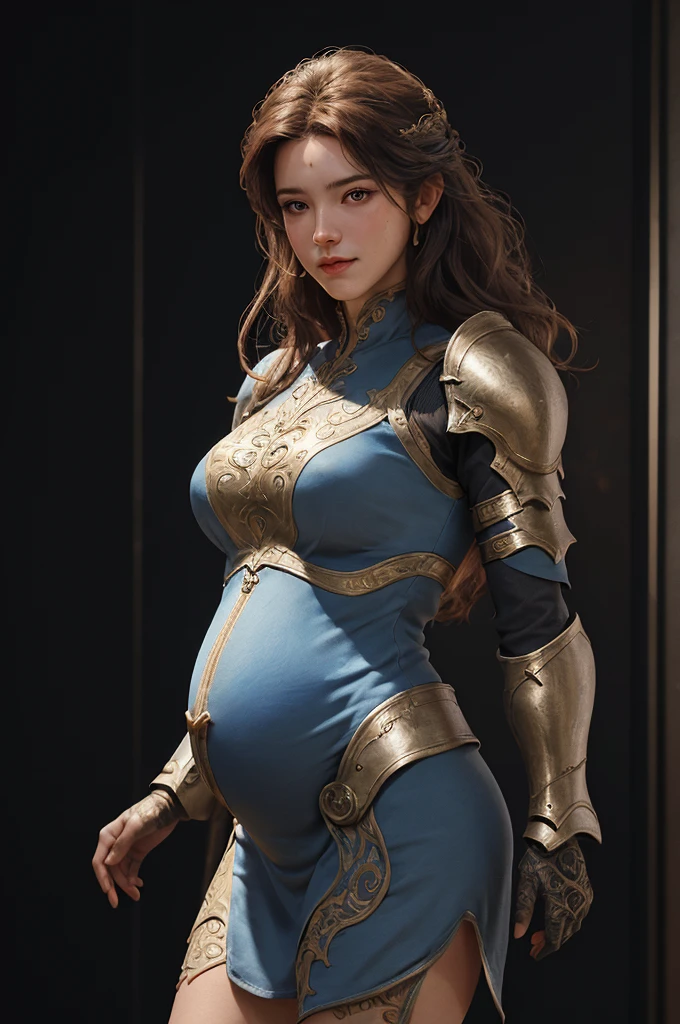 A smirking pregnant female d&d character, with muscular arms and legs, dark fantasy, detailed, realistic face, digital, intricate armor, fiverr dnd character, wlop, stanley artgerm lau, ilya kuvshinov, artstation, hd, octane render, hyperrealism