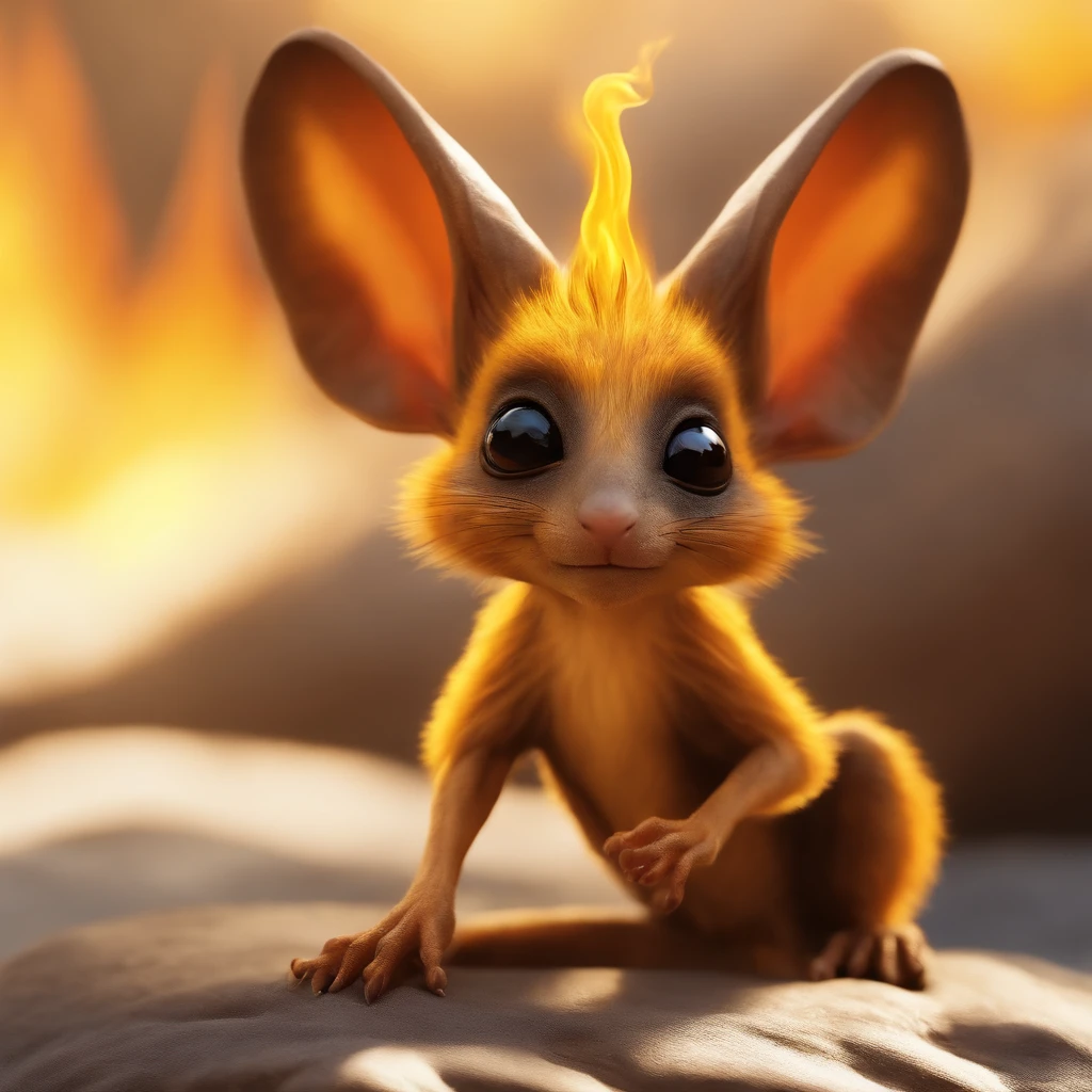 troll, jerboa-like, Huge eyes, large ears, trunk-shaped nose, bright orange and brown, long tail, engulfed in yellow flames, flame clothing, Best Quality, Masterpiece, in style of dark fantasy art