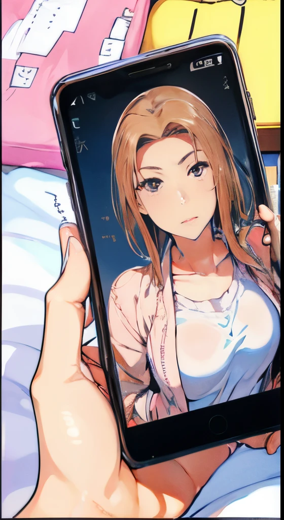 1boy,Hands to shoot、POV, Hold up your smartphone screen、Girl on smartphone screen、Smartphone screen in front of the screen、Smartphone Focus、1girll、Girl in the back、japanese Gal、Fancy makeup、Shiny pink bed、sexy milf、Jin (MTSP)'s Tachibana Kyouka、nsfw