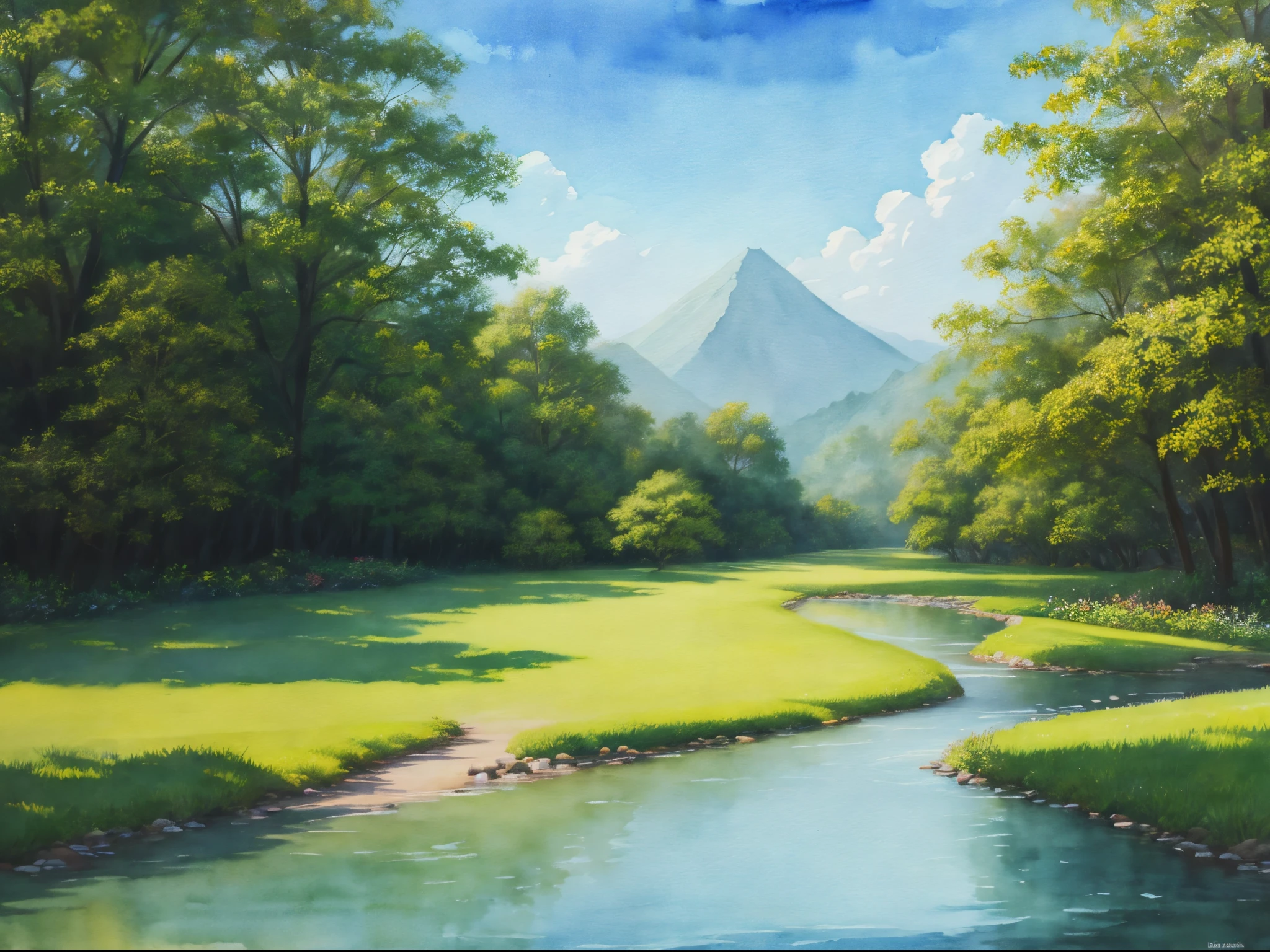 Render a watercolor painting of a dreamy Eden, where soft hues and gentle brushstrokes capture the ethereal fusion of technology and nature in a serene and picturesque setting. enormous tits