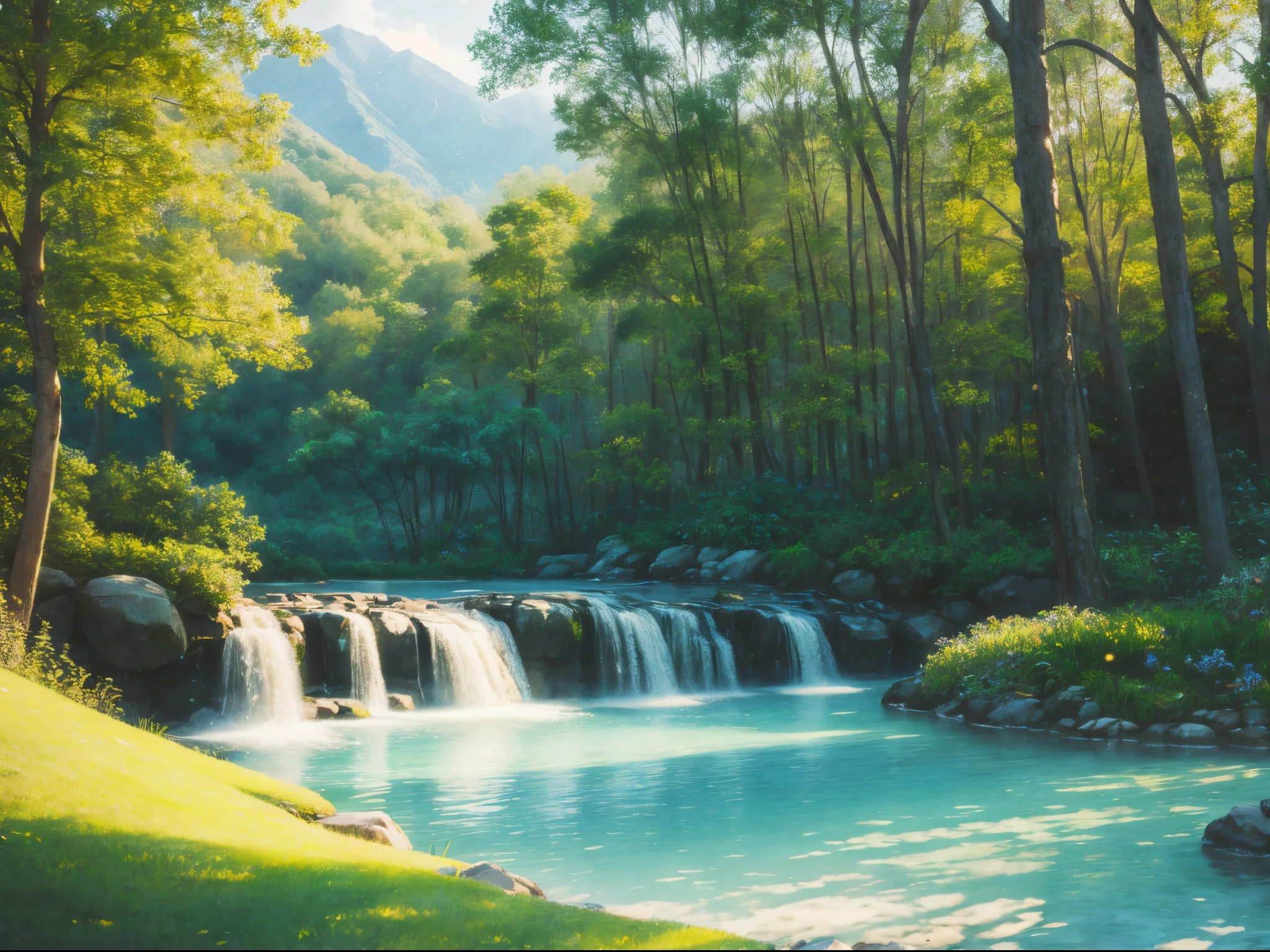 Render a watercolor painting of a dreamy Eden, where soft hues and gentle brushstrokes capture the ethereal fusion of technology and nature in a serene and picturesque setting. enormous tits