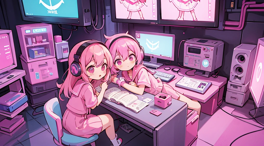 2 girls, pink hair, pink eyes, sailor suit, headphones, pink cyberpunk, room with big monitors, pink neon