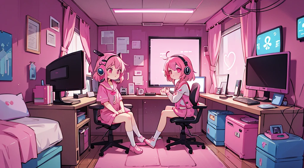 2 girls, pink hair, pink eyes, sailor suit, headphones, pink cyberpunk, room with big monitors, pink neon
