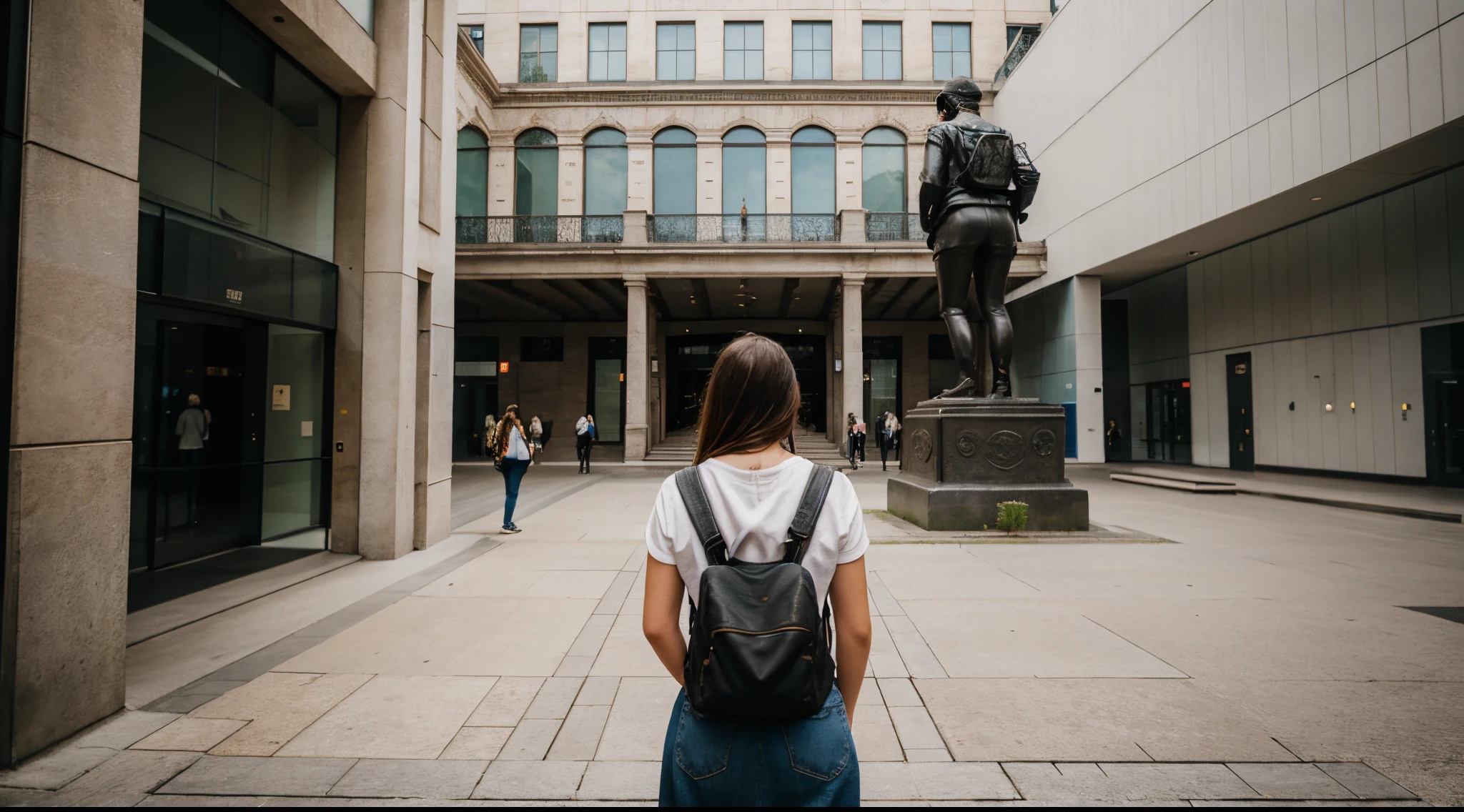 real woman looking at the museum, from behind, with backpack, pointing at the statue