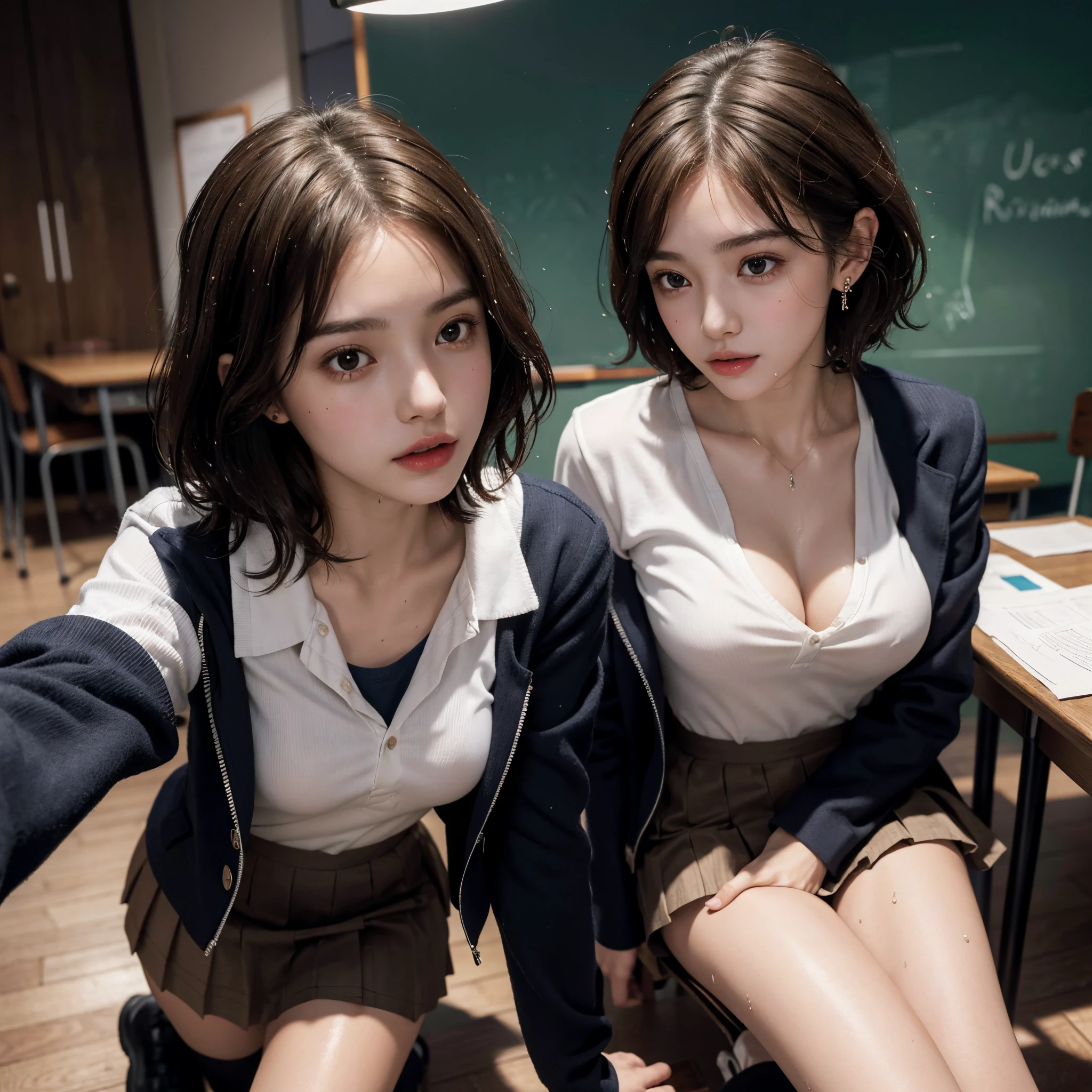 absurdres, RAW photo, extremely delicate and beautiful, masterpiece, Best Quality, ultra high resolution, 16k, hyperrealistic, ultra-detailed, perfect anatomy, super Detailed skin, perfect figure, Very detailed CG 8k wallpaper, in her 20s, very Slim body, narrow waist, very small head, very small face, delicate facial features, tearful mole, earring, thin legs, (very huge round breasts), ((3 girls)), short hair, (wavy hair), (light brown hair), (wet clothes), ((school uniform)), (blazer),