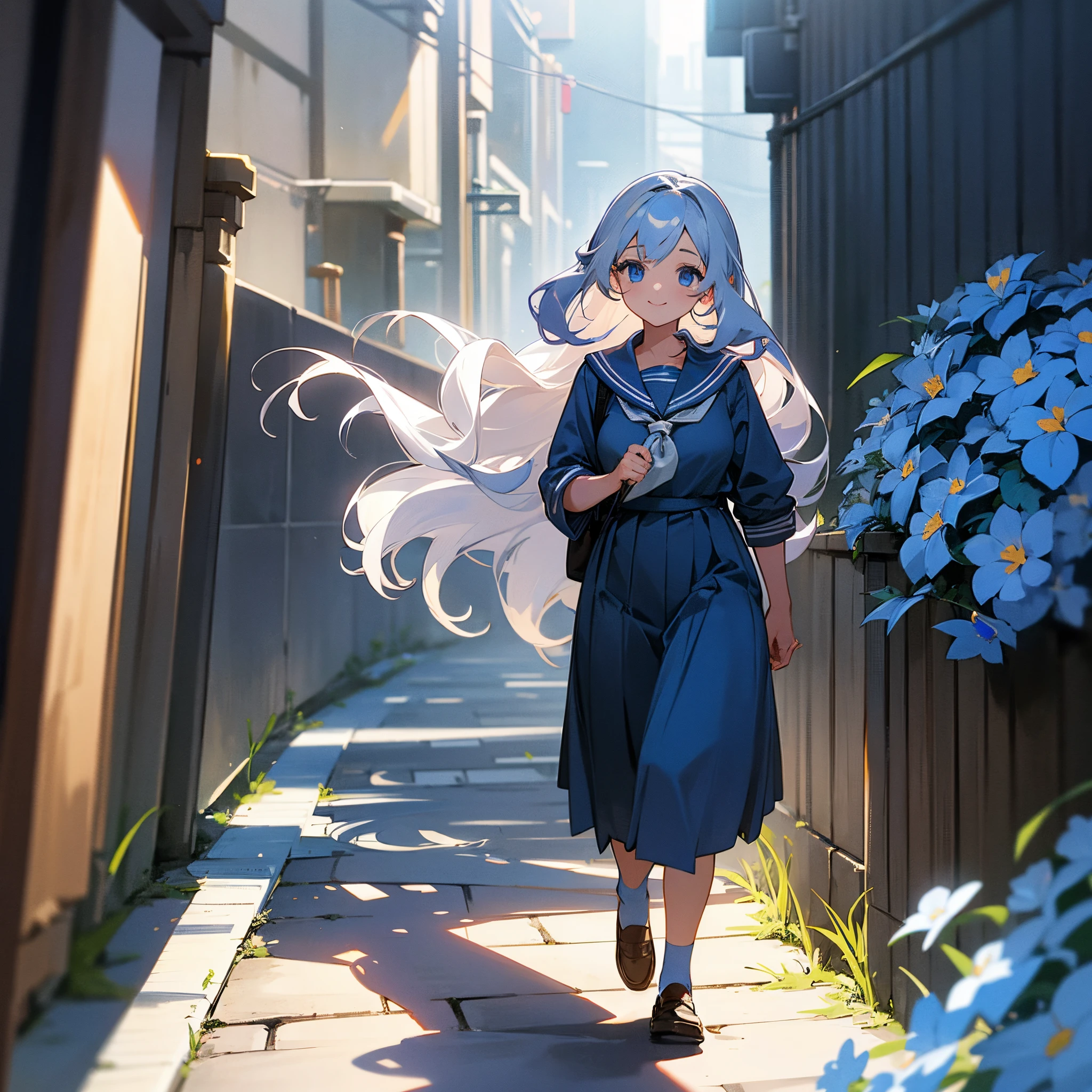 1female, young adult, long grey wavy hair, finely detailed blue eyes, blue sailor uniform, standing on path, walking down alley, light smile, flowers, best lighting and shadows, tokyo