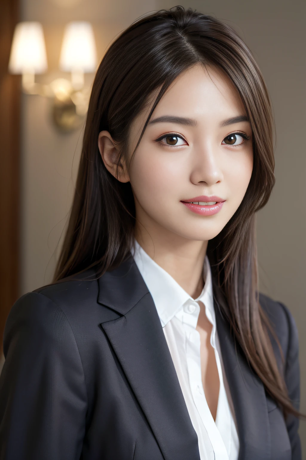 masutepiece, Best Quality, Photorealistic, Ultra-detailed, finely detail, High resolution, 8K Wallpaper, 1 beautiful woman,, light brown messy hair, in a business suit, foco nítido, Perfect dynamic composition, Beautiful detailed eyes, detailed hairs, Detailed realistic skin texture, Smiling, Close-up portrait, Model body type