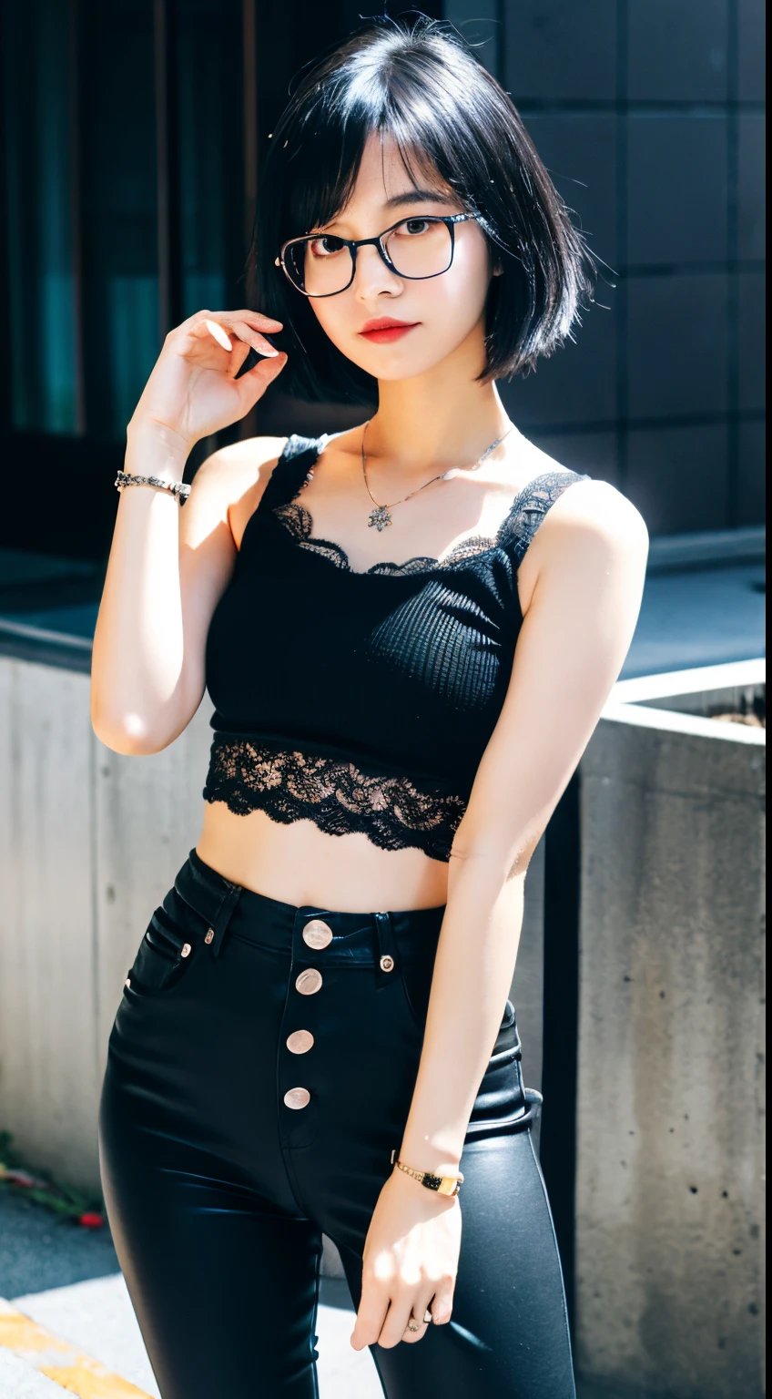 Masterpiece,1girl,solo, light smile, metal necklace, white shirt, modern , accessories, two-tone hair color in purple and black, unique hairstyle, stylish, black background