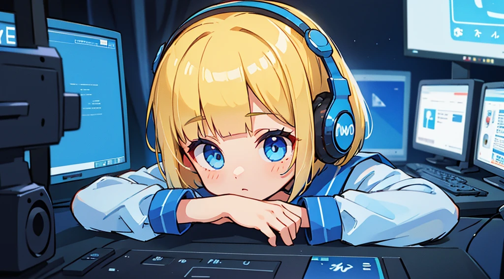 1girl, blonde hair, bob cut, blue eyes, sailor suit, headphones, blue cyberpunk, room with big monitors, blue neon