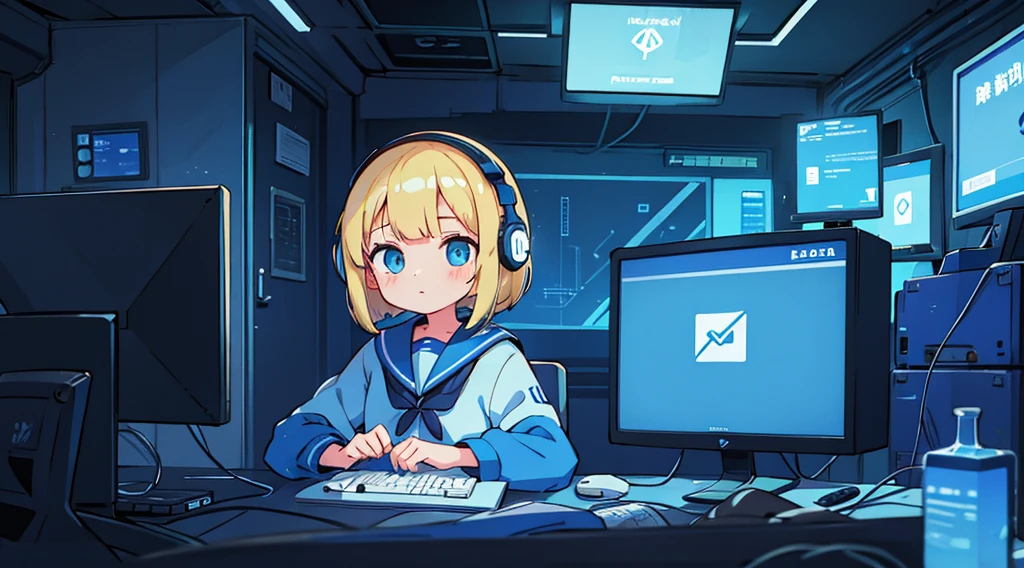 1girl, blonde hair, bob cut, blue eyes, sailor suit, headphones, blue cyberpunk, room with big monitors, blue neon