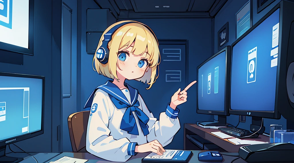 1girl, blonde hair, bob cut, blue eyes, sailor suit, headphones, blue cyberpunk, room with big monitors, blue neon