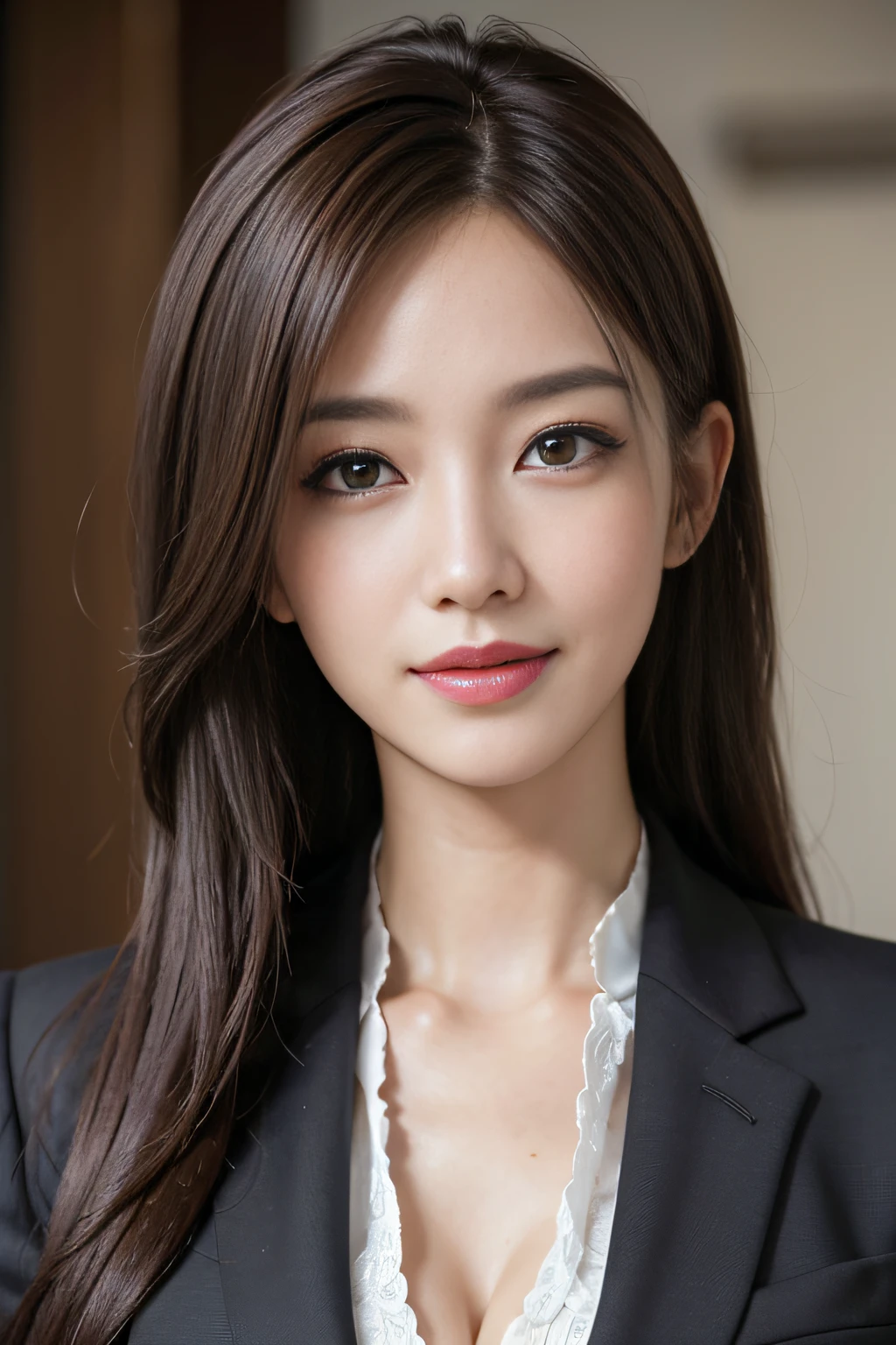 masutepiece, Best Quality, Photorealistic, Ultra-detailed, finely detail, High resolution, 8K Wallpaper, 1 beautiful woman,, light brown messy hair, in a business suit, foco nítido, Perfect dynamic composition, Beautiful detailed eyes, detailed hairs, Detailed realistic skin texture, Smiling, Close-up portrait, Model body type