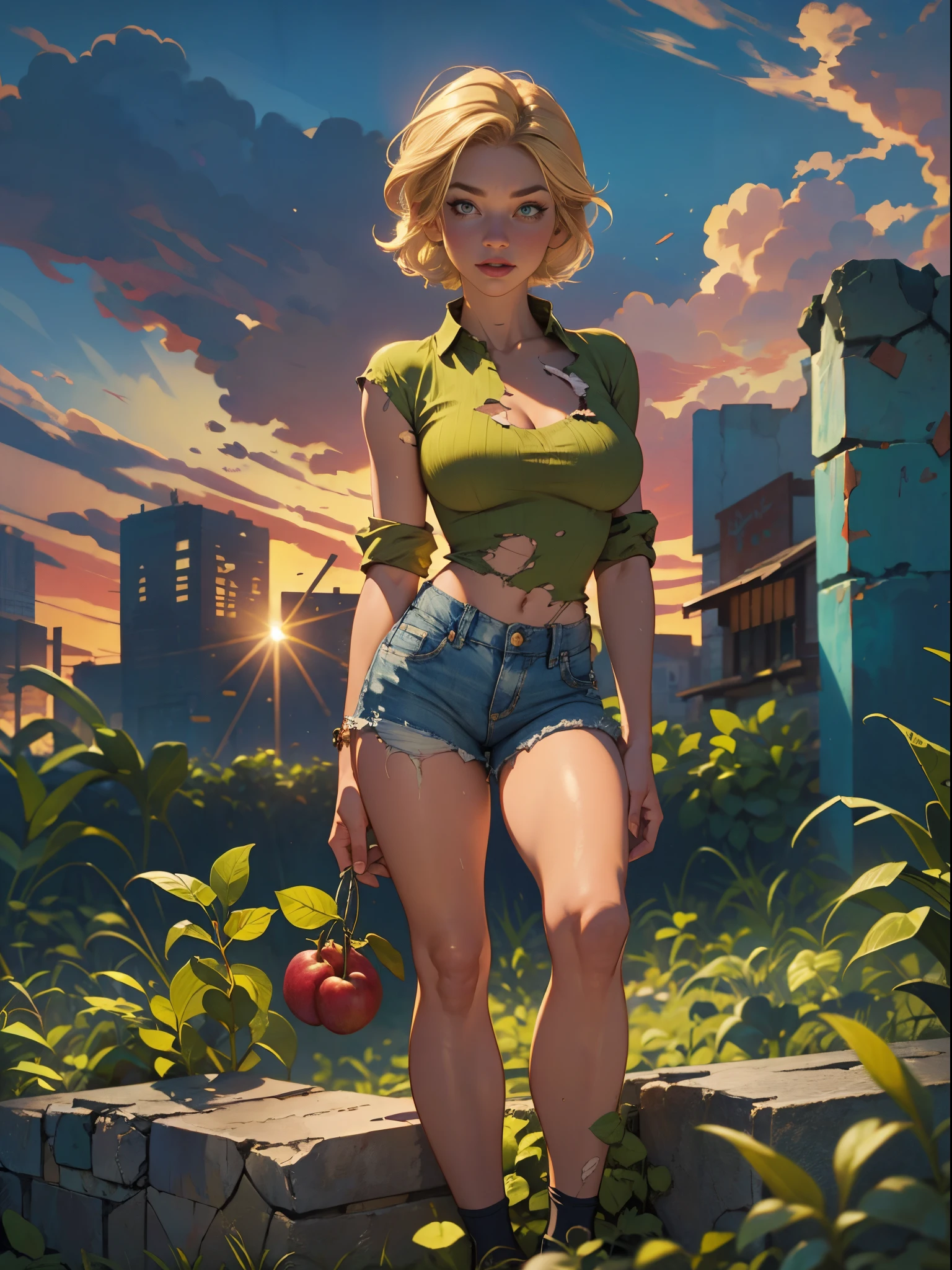 2076 year. The Urban Ruins of the Wasteland, Female huntress picking fruit in the garden, beautiful face, blonde, badly torn shirt and denim shorts ,  long legs, sweating through, sun rising, Nice warm colors, head to toe, full body shot, pretty hands, perfect fingers,