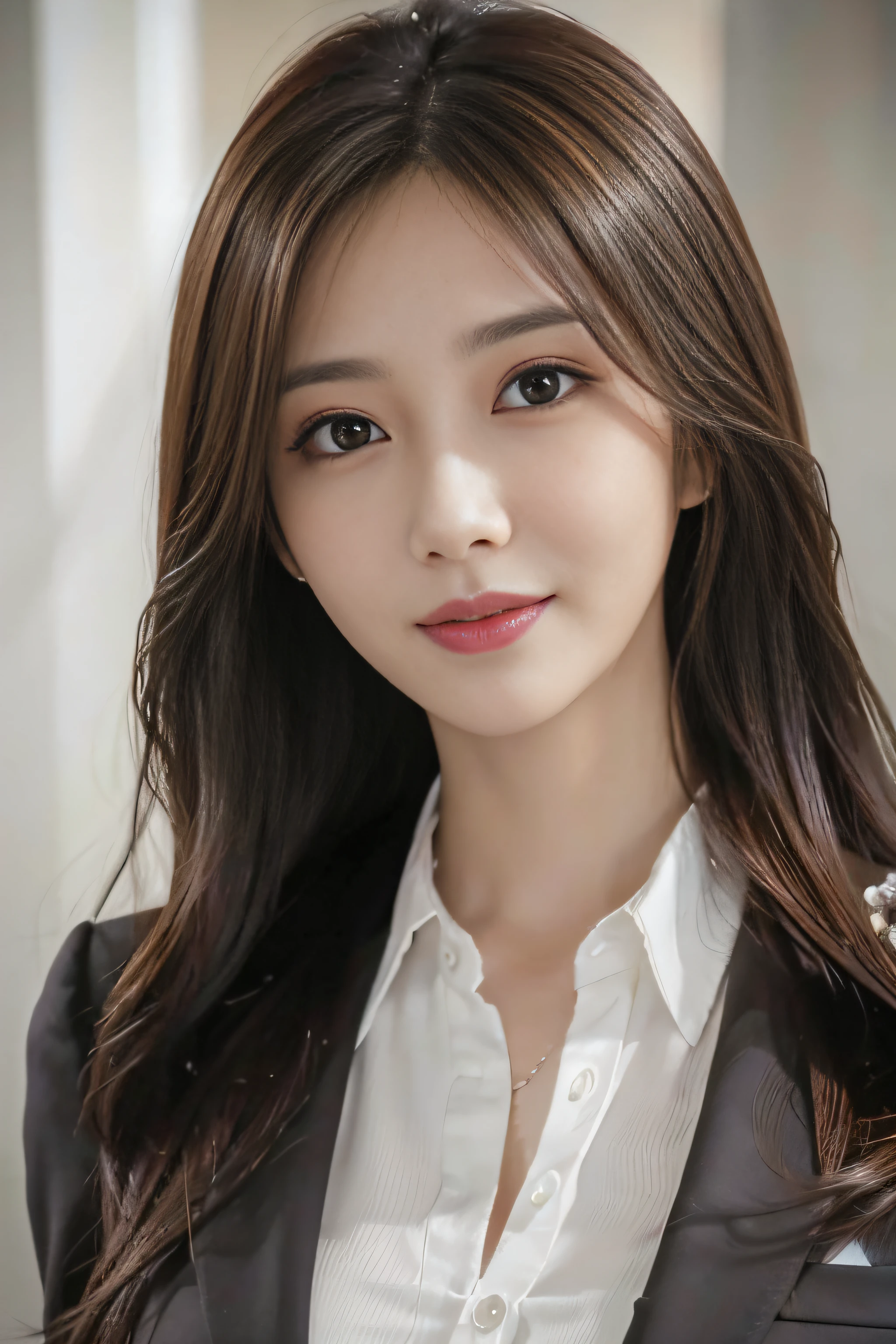 masutepiece, Best Quality, Photorealistic, Ultra-detailed, finely detail, High resolution, 8K Wallpaper, 1 beautiful woman,, light brown messy hair, in a business suit, foco nítido, Perfect dynamic composition, Beautiful detailed eyes, detailed hairs, Detailed realistic skin texture, Smiling, Close-up portrait, Model body type