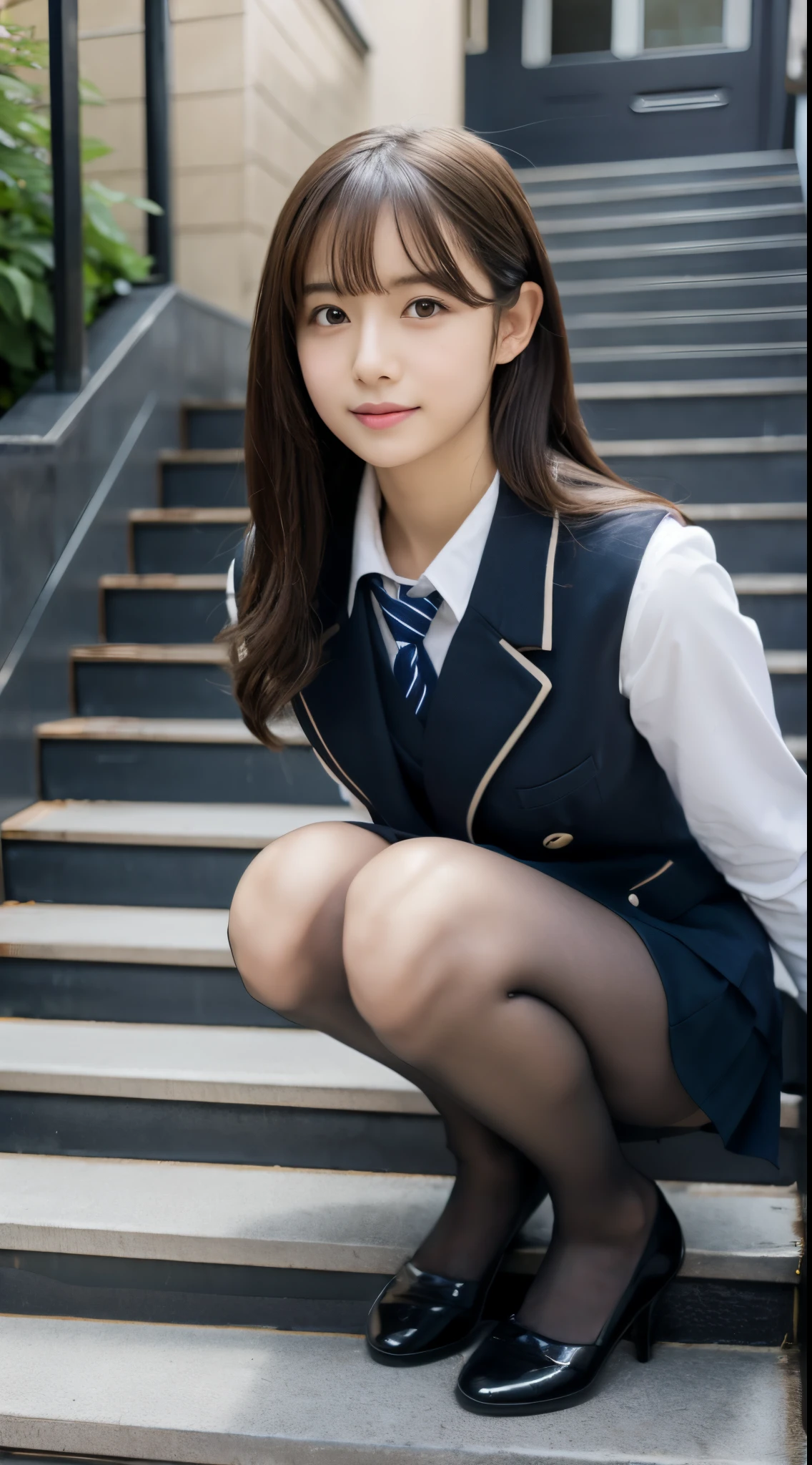 Arab asian woman in uniform sitting on stairs with legs crossed, girl wearing school uniform, Wearing school uniform, Wearing a school uniform, japanese girl school uniform, Cute Schoolgirl, JK Uniform, wearing japanese school uniform, a hyperrealistic schoolgirl, of a schoolgirl posing, Japan school uniform, a hyperrealistic schoolgirl, School Girl, Seifuku