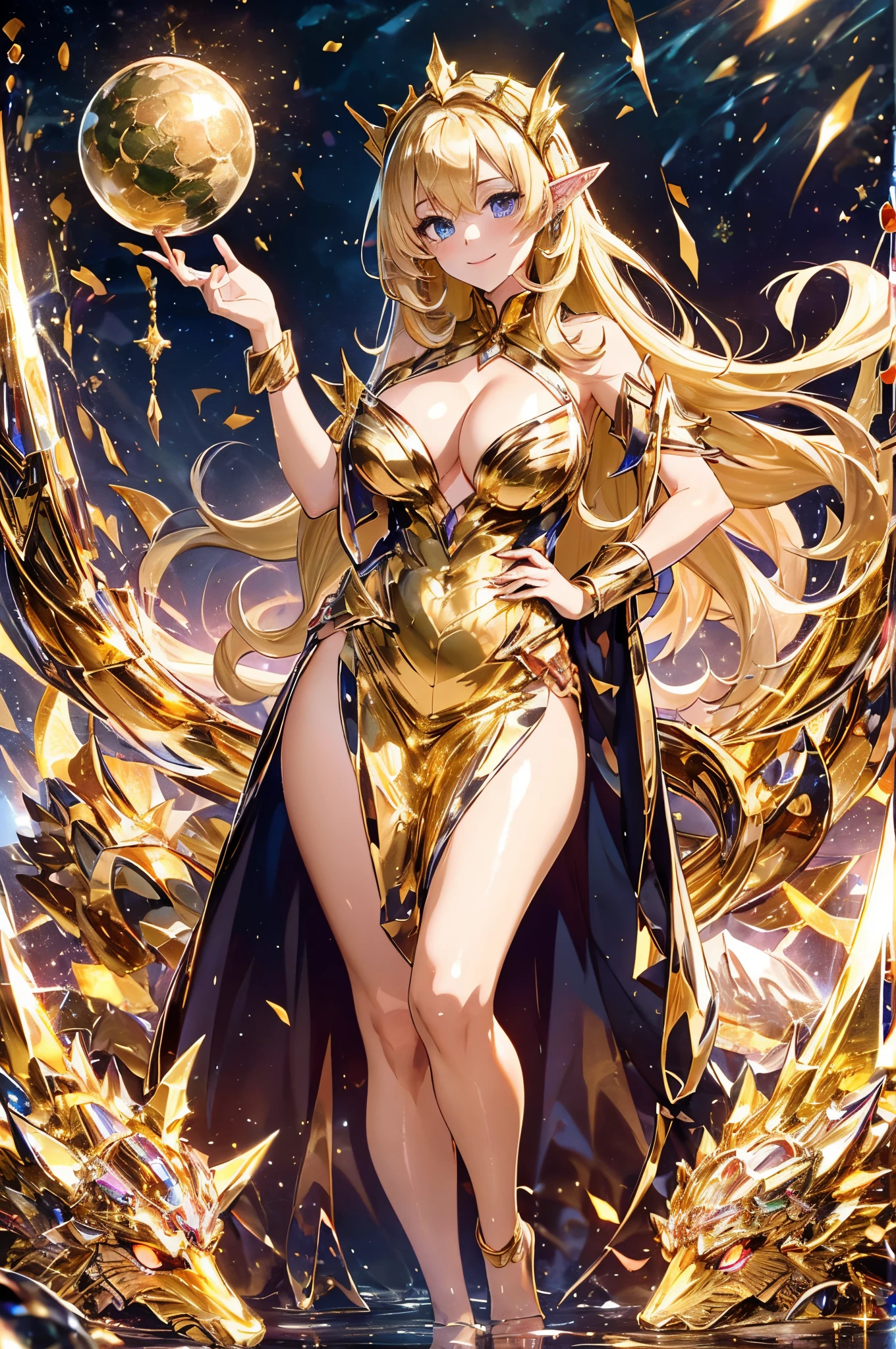 (masterpiece1.5),(young blonde woman in a gold dress、Fight the golden dragon with a big golden sword。), 1girl in, breasts, Solo, Blonde hair, Long hair, pointy ear, Blue eyes, Smile, cleavage, Dress, put hands on the hip,Sequin Dresses, Looking at Viewer,(((beautiful giant golden sphere))),kirakira,shiny,illustrious,golden colored,Gold Ball,Golden Jade,Dazzling,Reflectors,Gorgeous,high-class sense,kirakira,The Flash,metalic,Glossy
