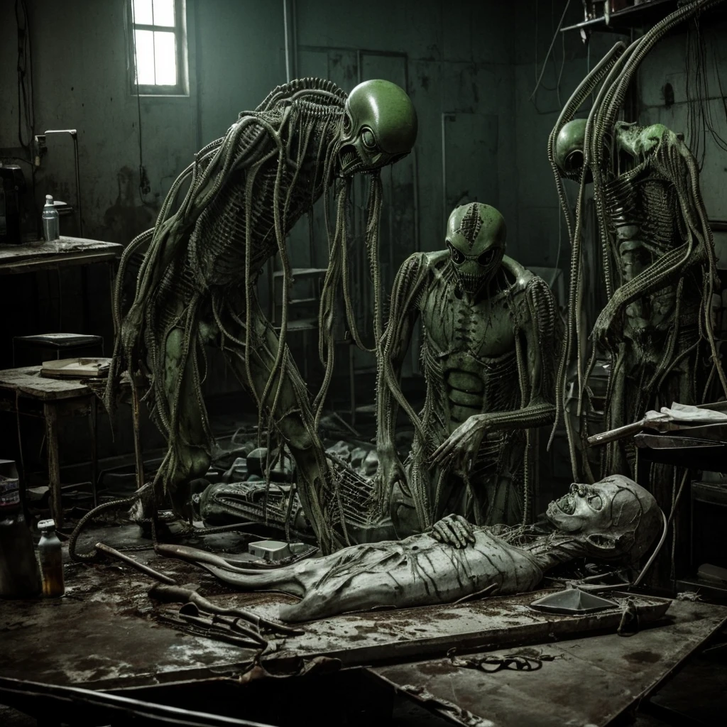 Terrifying Alien Autopsy in grunge dirty style. A dark and dingy room. A group of scientists in white coats huddle around a long metal table. On the table, a large, alien body lies exposed. The body is covered in strange, pulsing veins. Its skin is a sickly green color. Its eyes are large and black, with no pupils. Its mouth is filled with sharp, pointed teeth.