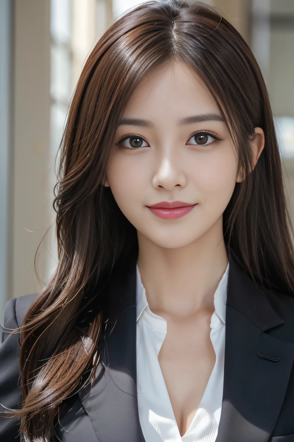 masutepiece, Best Quality, Photorealistic, Ultra-detailed, finely detail, High resolution, 8K Wallpaper, 1 beautiful woman,, light brown messy hair, in a business suit, foco nítido, Perfect dynamic composition, Beautiful detailed eyes, detailed hairs, Detailed realistic skin texture, Smiling, Close-up portrait, Model body type