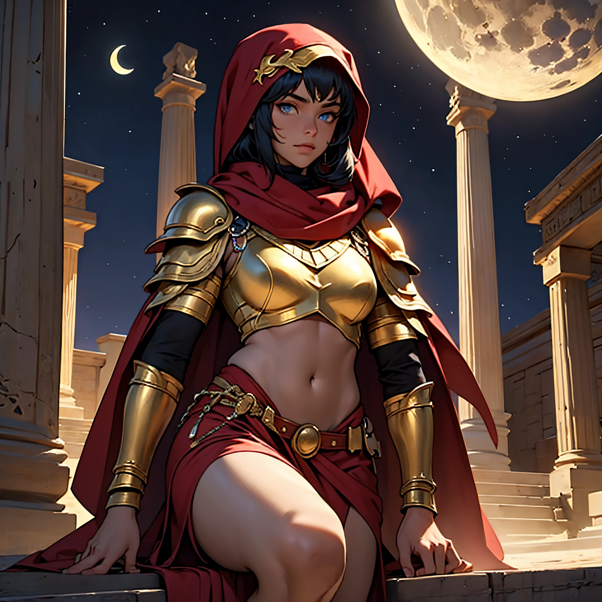 ​masterpiece, Best Quality, 4k, Very detailed, Background with: In front of egyptian temple stairs under the crescent moon in the desert night, Moroccan female warrior wearing Islamic golden armor, red hijab, very dark skin, blue eyes, Big Hulk,