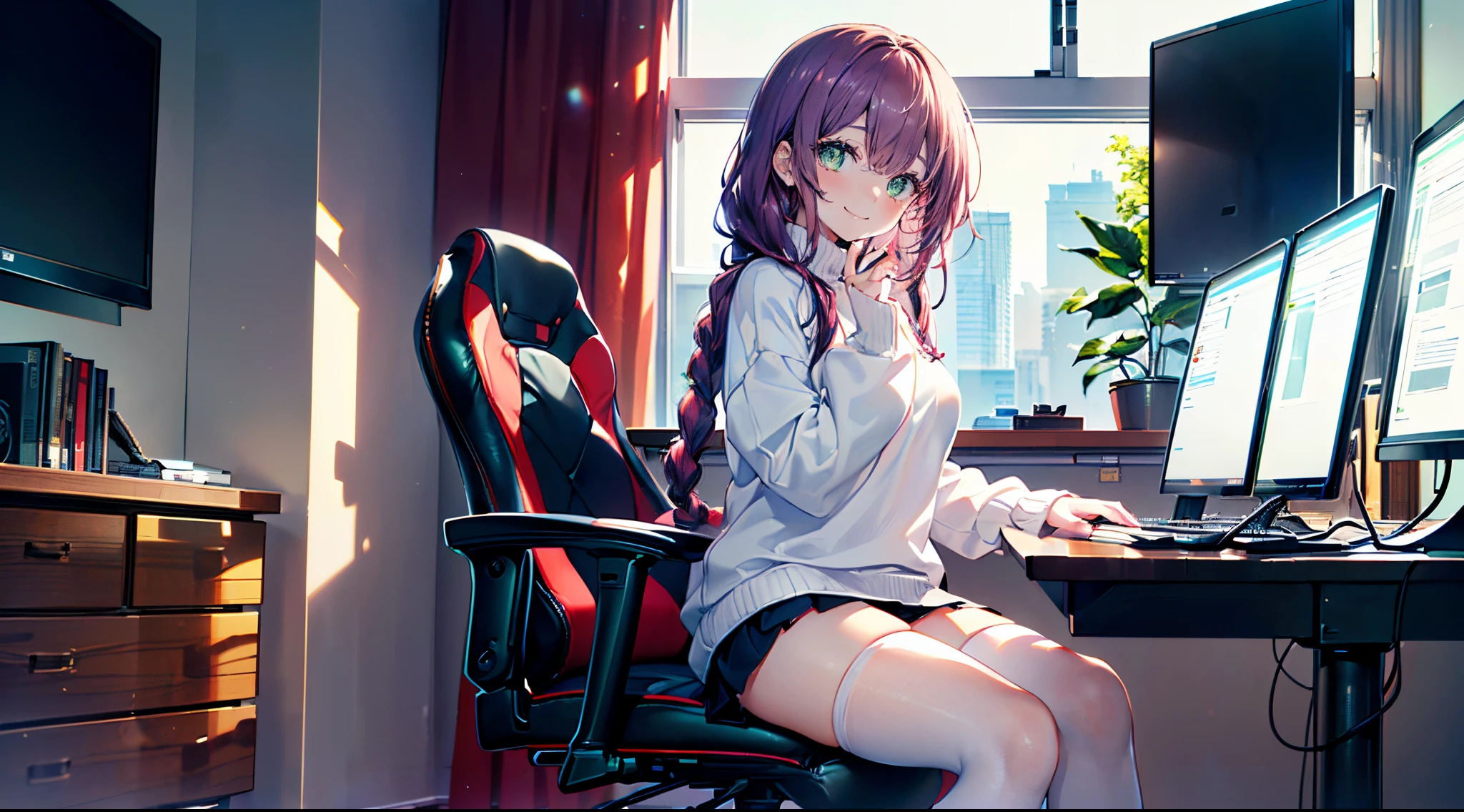 Anime girl sitting at a desk with a computer and a monitor - SeaArt AI