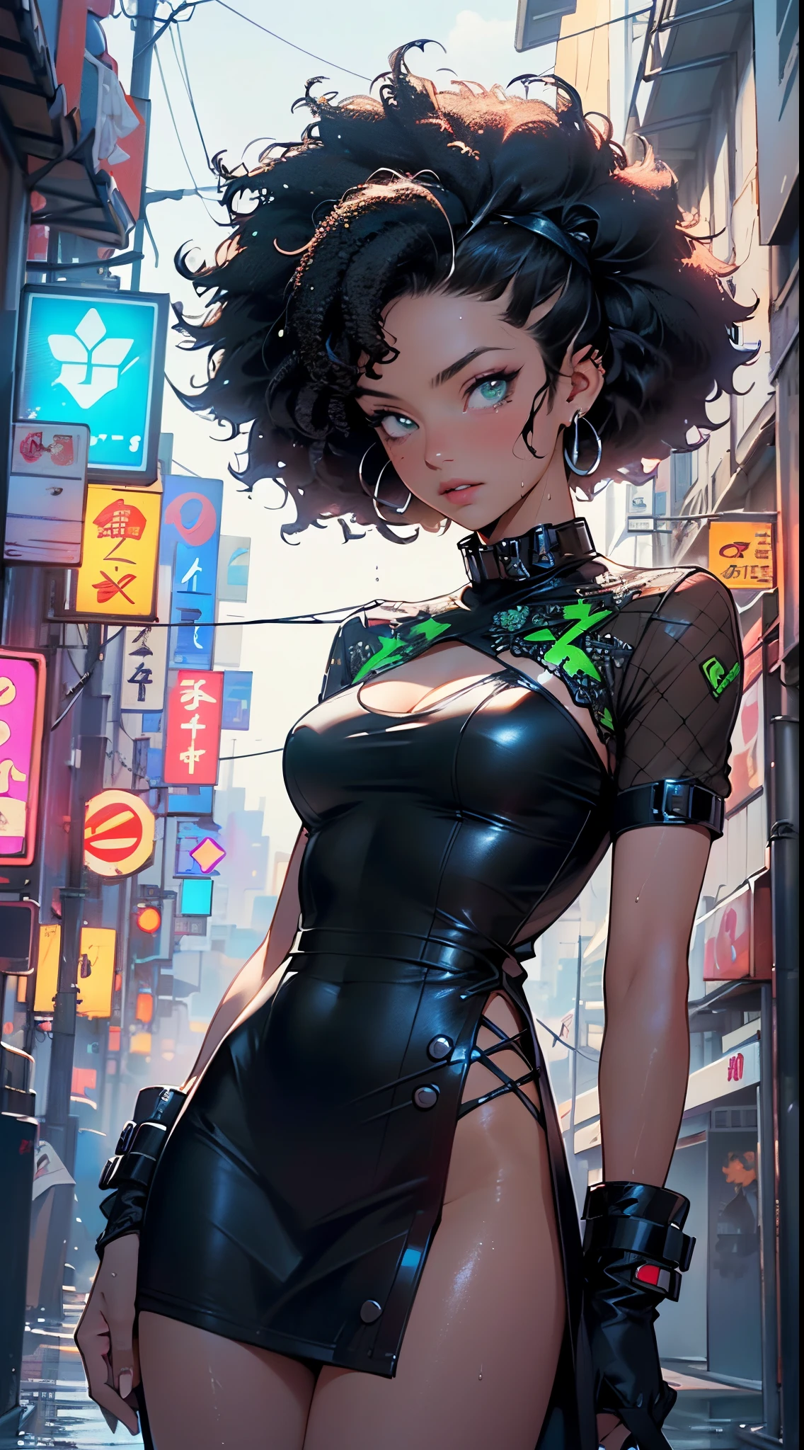 girl spacepunk,(((1girl))),((cute and beautiful afro haired girl)),((((black race)))), (large breasts:1.4),saggy breasts,((((Neon Green afro hair:1.35,((afro hair:1.35)),afrohair,afro:1.35,dark hair, Neon Green hair,Double hair bun:1.3)))),medium hair,((heterochromia:1.5, (yellow_eye and red_eye))),intricate eyes,beautiful detailed eyes,symmetrical eyes,((fat)),((((tan,dark skin,black skin:1.35,dark-skinned_female,dark skin:1.3,ebony skin,lustrous skin:1.5,bright skin: 1.5,shiny skin,very shiny skin,shiny body,illuminated skin,wet legs)))),(spider lower abdomen,narrow waist,wide hip,athletic body,inflated legs),(((detailed face))), cute,slutty,sensual,seductive look,seductive,erotic,enchanting,((nsfw)), revealing clothing,show skin,(((neon green fishnet dress))),((slave collar)),(((wet clothes,intricate outfit,intricate clothes))), (dynamic pose:1.0),solo focus,embarrassed,(centered,scale to fit dimensions,Rule of thirds), cyberpunk city by the ocean at night, with bright neon signs and dark stormy clouds and puddles, scenery:1.25, artistic photography,(photography taken by sldr),highres, sharp focus, (ultra detailed, extremely detailed), (photorealistic artwork:1.37),(extremely detailed CG unity 8k wallpaper),((synthwave background theme)),(((vibrant colors))),(intricate background),(masterpiece),(best quality),
