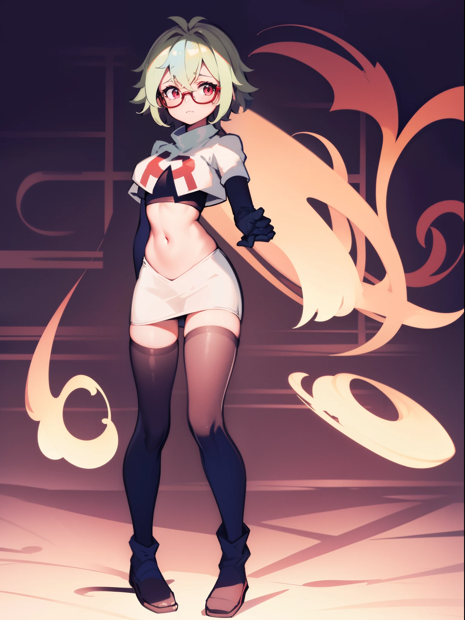 sucrose \(genshin impact\), glasses,team rocket,team rocket uniform, red letter R, white skirt,white crop top,black thigh-highs,black elbow gloves