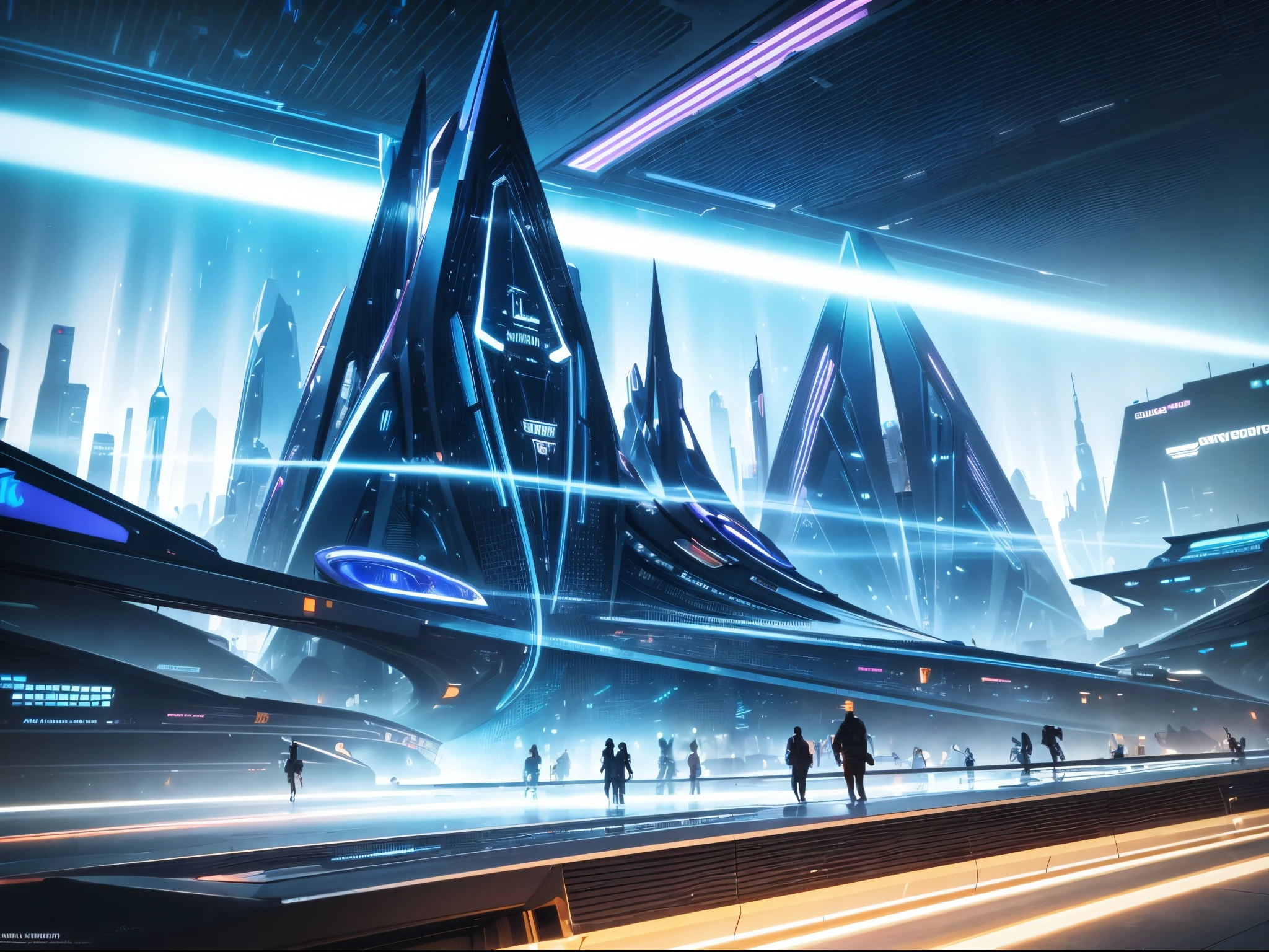 Visualize a futuristic cityscape where AI-generated music emanates from towering crystalline structures, creating a symphony of light and sound reminiscent of sci-fi artist Syd Mead's vibrant landscapes. enormous tits