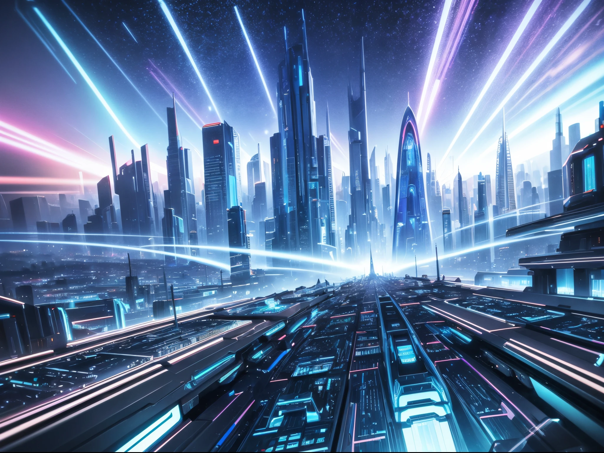 Visualize a futuristic cityscape where AI-generated music emanates from towering crystalline structures, creating a symphony of light and sound reminiscent of sci-fi artist Syd Mead's vibrant landscapes. enormous tits