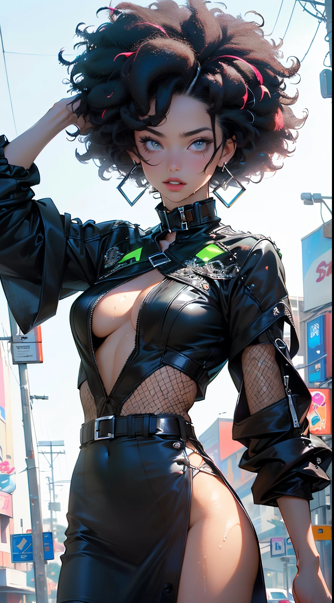 girl spacepunk,(((1girl))),((cute and beautiful afro haired girl)),((((black race)))),

(large breasts:1.4),saggy breasts,((((black afro hair:1.35,((afro hair:1.35)),afrohair,afro:1.35,dark hair,black hair,Double hair bun:1.3)))),medium hair,((heterochromia:1.5, (yellow_eye and red_eye))),intricate eyes,beautiful detailed eyes,symmetrical eyes,((fat)),((((tan,dark skin,black skin:1.35,dark-skinned_female,dark skin:1.3,ebony skin,lustrous skin:1.5,bright skin: 1.5,shiny skin,very shiny skin,shiny body,illuminated skin,wet legs)))),(spider lower abdomen,narrow waist,wide hip,athletic body,inflated legs),(((detailed face))),

cute,slutty,sensual,seductive look,seductive,erotic,enchanting,((nsfw)),

revealing clothing,show skin,(((neon green fishnet dress))),((slave collar)),(((wet clothes,intricate outfit,intricate clothes))),

(dynamic pose:1.0),solo focus,embarrassed,(centered,scale to fit dimensions,Rule of thirds),

cyberpunk city by the ocean at night, with bright neon signs and dark stormy clouds and puddles, scenery:1.25,nighttime, starry night, cosmos,Very dark night that makes the neon lights stand out, very bright neon lights,

artistic photography,(photography taken by sldr),highres, sharp focus,(ultra detailed, extremely detailed), (photorealistic artwork:1.37),(extremely detailed CG unity 8k wallpaper),((synthwave background theme)),(((vibrant colors))),intricate,(intricate background),(masterpiece),(best quality),perfect rendered face,perfect face details,realistic face,photo realistic,analog style,((intricate detail)),(((realism))),