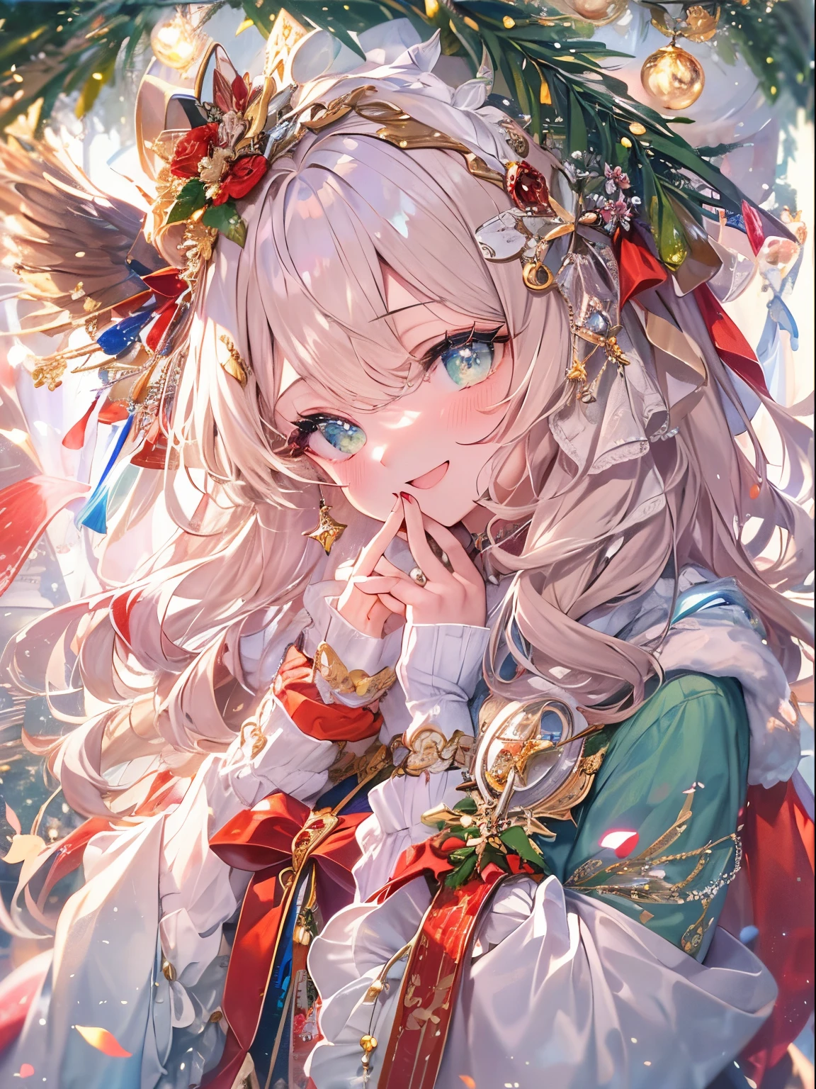 absurderes,hight resolution,ultra-detailliert,girl with、red and green christmas wreath background、（Santa Costumes：1.8）、A smile：1.0、 Detailed background、Smile with open mouth、Beautifully detailed、Moya、colourfull、marble、Particles of light、patterns、looking left、Shirayuki Noel、Snowflake、 Detailed drawing、Vibrant colors、striking contrast、intricate detailes、Delicate depiction、Luminescent、full body Esbian、From the side、Beautiful facial features、Brightly colored eyes、Wearing intricate and delicate ornaments、glowing aura、Radiant hair,Illuminated by the morning light、red and green christmas wreath、、Sparkling eyes、A smile、The room was clean and comfortable........................................、Glows、发光、Mitsu、Flower bouquet、pink back ground、、Transparency、Standing、Hyper-detailing, delicate detail, intricate detailes, ciinematic light, best quality backlight, highcontrast, The best lighting, extremely delicate and beautiful, ciinematic light、ray trace reflection、brilliance、glowing aura、Radiant hair、The ultra-detailliert、in 8K,masutepiece, High quality, HCnone, Pixel art, 1girl in,Absurd resolution、hight resolution、ultra-detailliert、(1womanl:1.3)、A smile：1.3、looking at audience、patterns、、colourfull、Yumekawa、dreamily cute、a pale、Moya、watercolor paiting(Curly)、Lolita Fashion、 PastelColors、candy pastel、Pastel glaze、The focus is on people、masutepiece, Best Quality, High quality, High Definition, high quality texture, high quality shadow, high detailing, Beautiful detailed, fine detailed, extremely details CG, , Colorful , Delicate, Cinematic Light, side lights, Lens Flare, Ray tracing