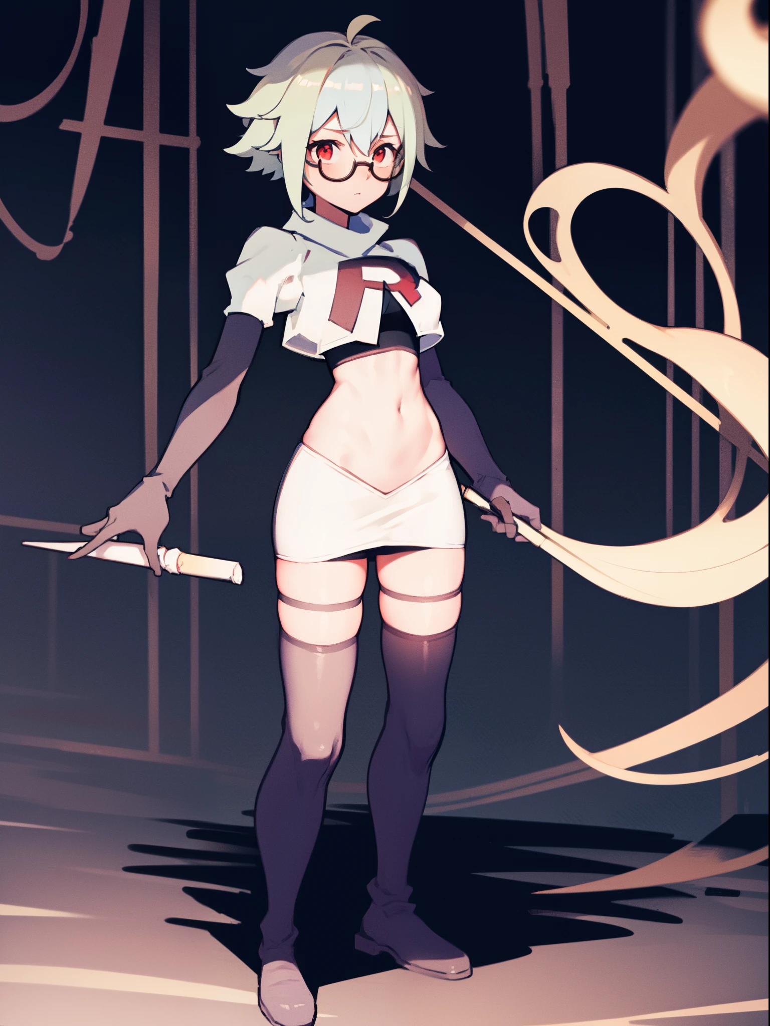 sucrose \(genshin impact\), glasses,team rocket,team rocket uniform, red letter R, white skirt,white crop top,black thigh-highs,black elbow gloves