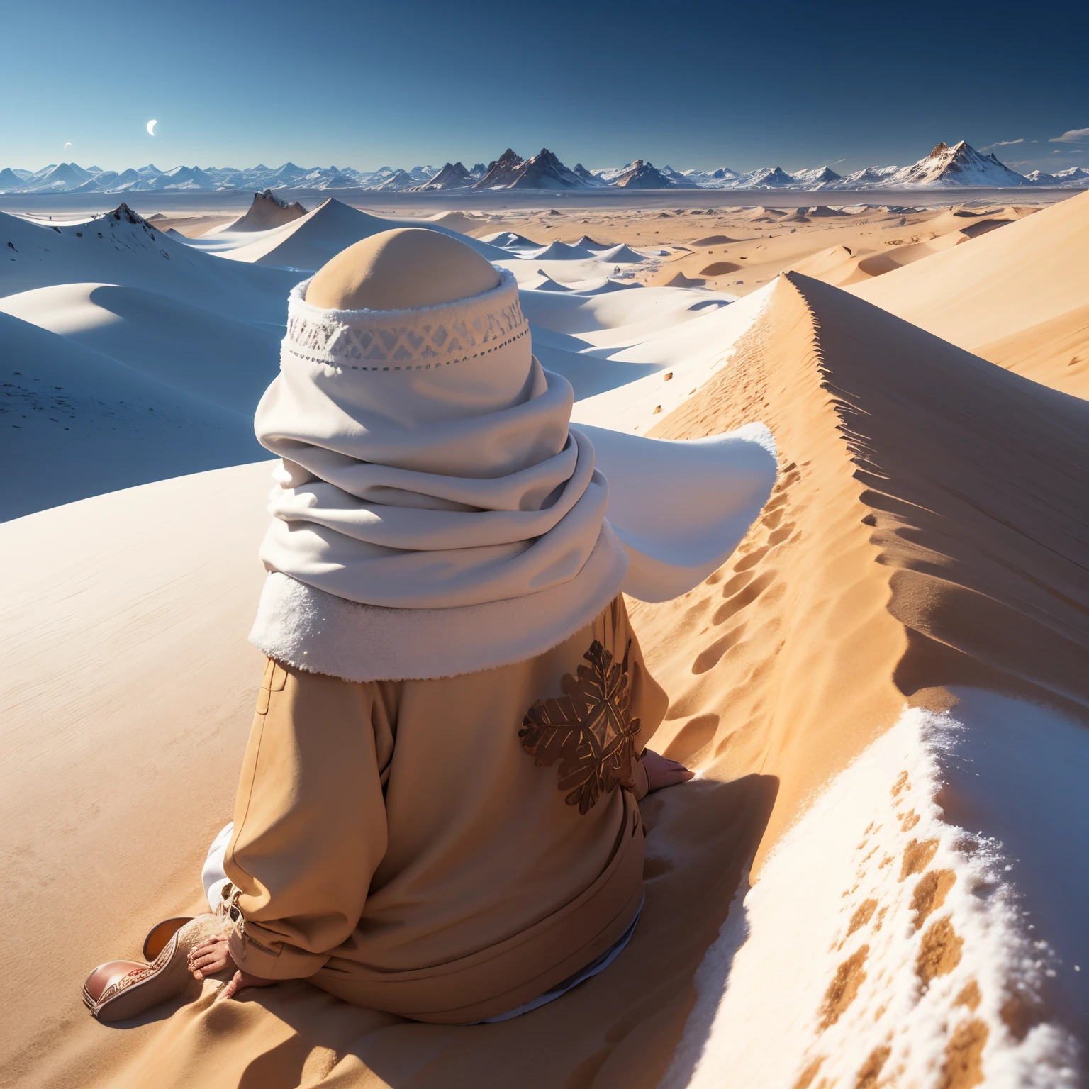 Sahara desert and snowy mountains of Peru, sand, snowflakes, white and brown colors, land and sea, sun and snow, detailed cactus, palm trees swaying in the wind, vibrant sunset over the mountain peaks, vast expanse of sand dunes, camel caravan traversing the desert, icy waterfalls cascading down the cliffs, snow-capped peaks, fluffy clouds in the sky, contrasting textures and temperatures, extreme heat and freezing cold, intricate patterns formed by the wind on the sand, jagged edges of the mountains, sparkling sunlight reflecting off the snow, serene and calm atmosphere, large waves crashing on the shore, colorful fish swimming in the clear blue sea, towering ice sculptures, traces of animal footprints in the sand, diversity of flora and fauna, vastness and grandeur of nature, hypnotizing silence interrupted only by the sound of wind and waves. 

(best quality,4k,8k,highres,masterpiece:1.2), ultra-detailed, realistic:1.37, HDR, UHD, studio lighting, extreme detail description, professional, vivid colors, sharp focus, physiologically-based rendering, portraits, landscape, contrasted color tones, dynamic lighting effects.