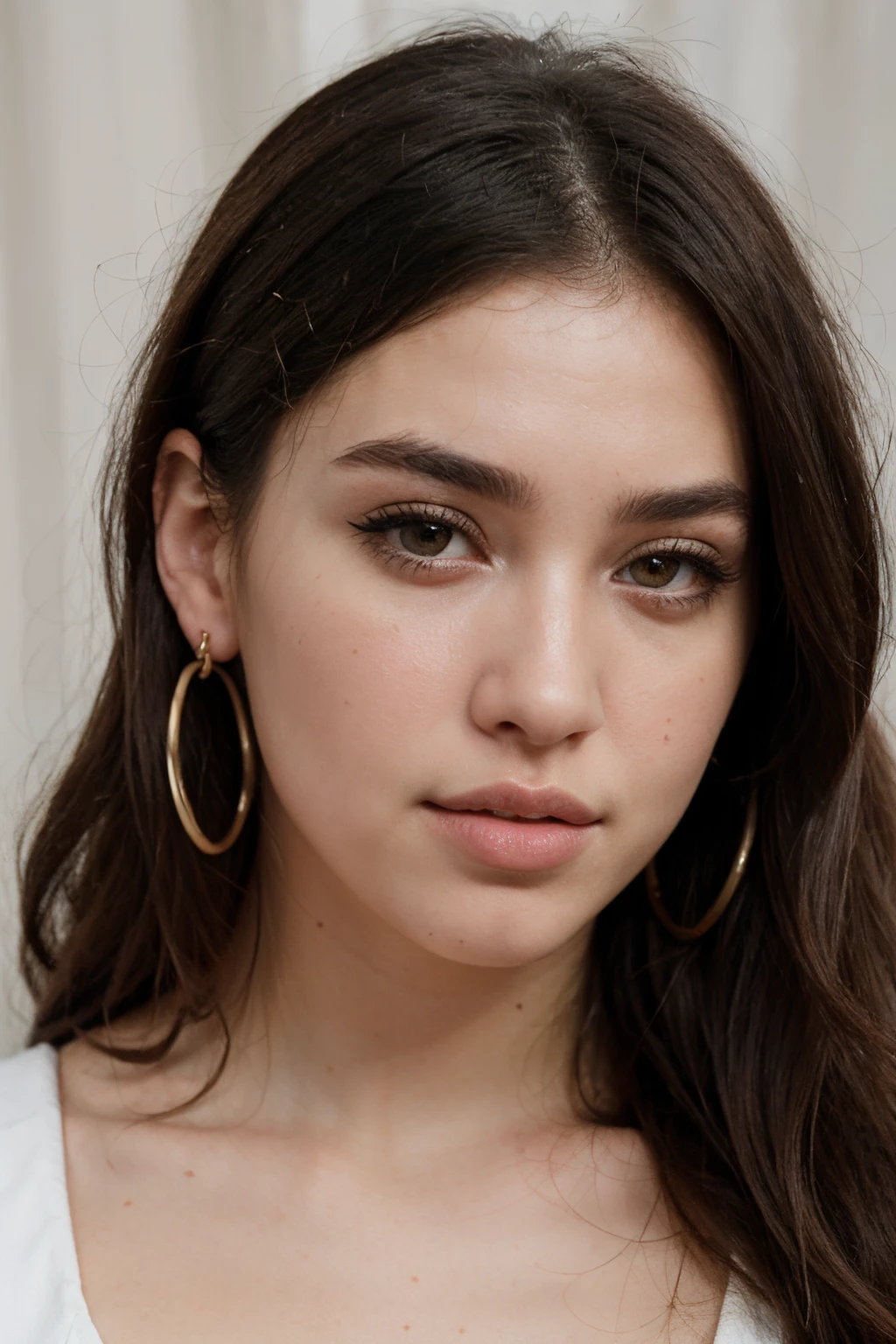 ((best quality)), ((masterpiece)), (detailed), perfect face, Greek and Mexican heritage, long hair, hazel eyes, looks alike Dua Lipa and Hilary Duff, bushy eyebrows, full lips, hyper realistic, brunet, Latin, black hair.