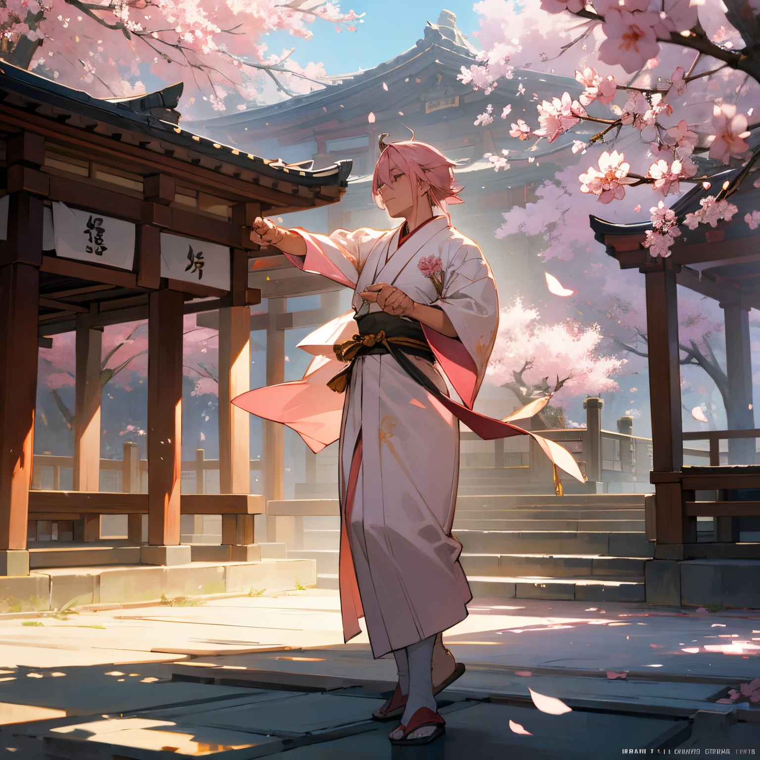 Greyish pink hair, 1 male, martial arts yukata, standing in outdoor temple, traditional Japanese architecture, sakura blossoms falling, golden sunlight, peaceful atmosphere, serene expression, focused gaze, detailed facial features, strong physique, graceful posture, dynamic movement, flowing robes, intricate patterns, colorful embroidery, vibrant colors, realistic rendering, fine brushstrokes, high contrast, dramatic shadows, atmospheric perspective, soft lighting, tranquility, harmony.