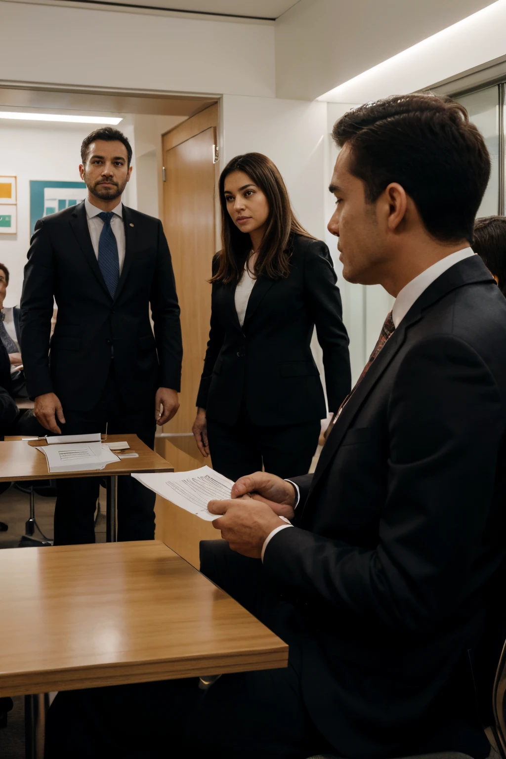 In this dynamic scene, we are transported to the heart of a busy and intense business meeting. A man in a suit is in the spotlight, destacando-se pela postura confiante e pelo tom de voz firme enquanto se dirige a uma placa diversificada.
A room is full of people, each representing a fundamental piece in the corporate scenario. O homem de terno, a leader or speaker, is in front of a large and attentive audience. Your facial expression conveys determination and seriousness, reflecting his dedication to the speech he shares.
The audience is made up of engaged individuals, some sitting in comfortable chairs, others standing, demonstrating a keen interest in the message being communicated. Seus olhares focados no palestrante, express a mixture of concentration and respect for the figure leading the discussion.
Um quarto, decorado com elementos modernos e minimalistas, is flooded with subtle lighting that gives an air of sophistication to the environment. Presentation screens or boards display graphics, relevant data and information, complementando o discurso do homem de terno.
The atmosphere is one of intense collaboration and engagement, where brilliant minds come together to discuss strategies, future plans and visions. This image portrays not only a moment of reunion, but rather a crucial point of convergence of ideas and efforts, where effective communication is critical to business progress and success.