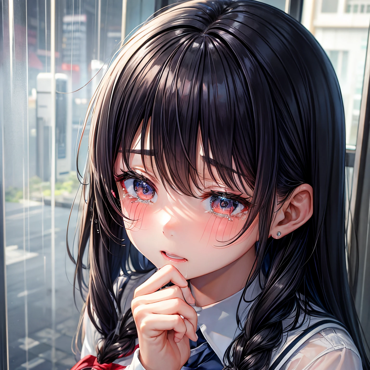 Rainy city、Drenched schoolgirl、Crying schoolgirl、Large tears、cabelos preto e longos、Sheer clothing、Winters、